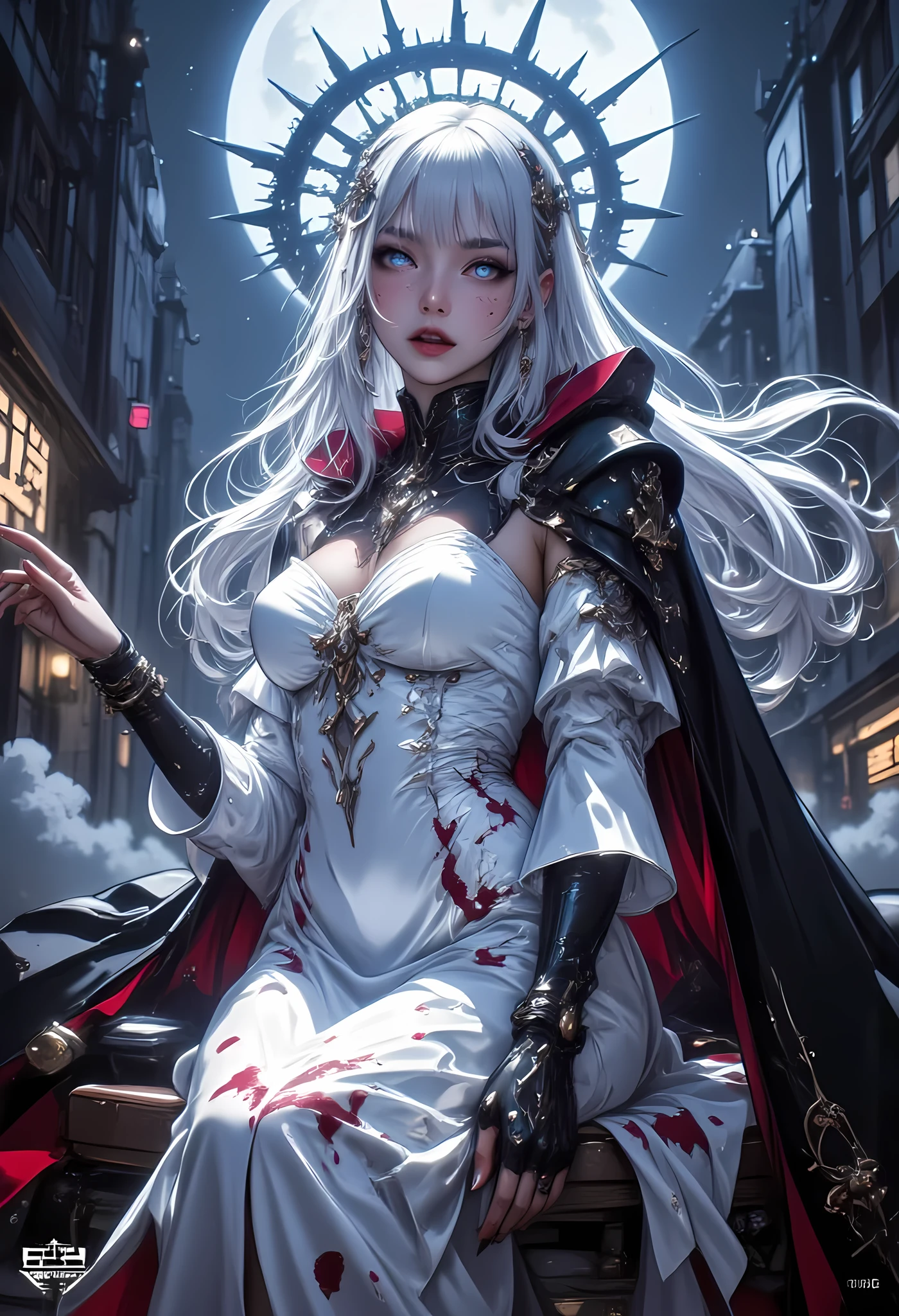 Create a semi-realistic, stylized image of a powerful, stunning witch. She must look young and beautiful, with luminous skin and long, shiny hair in a deep shade like black or red. The witch is dressed in an elegant and sophisticated robe, adorned with magical details. She is casting magic, with a luminous aura and beams of magical energy emanating from his hands. The background should be mystical and enchanting, with subtle magical effects and an atmosphere of power and beauty.