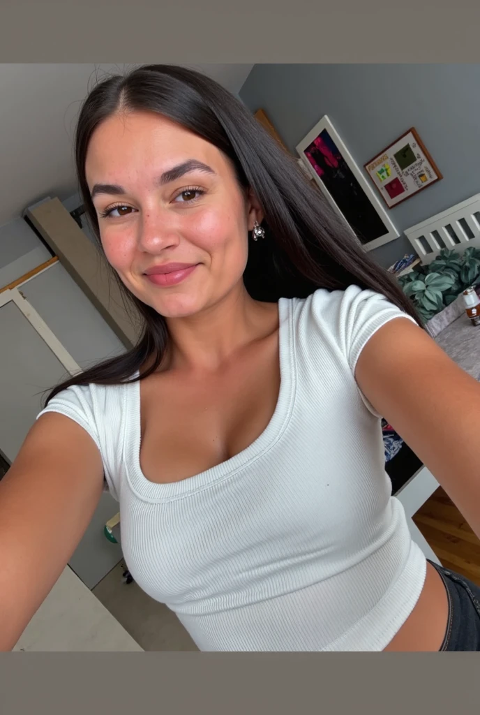 pretty woman, makeup, smiling, selfie, black tank top, ultra-detailed, looking away, showing armpit, vivid colors