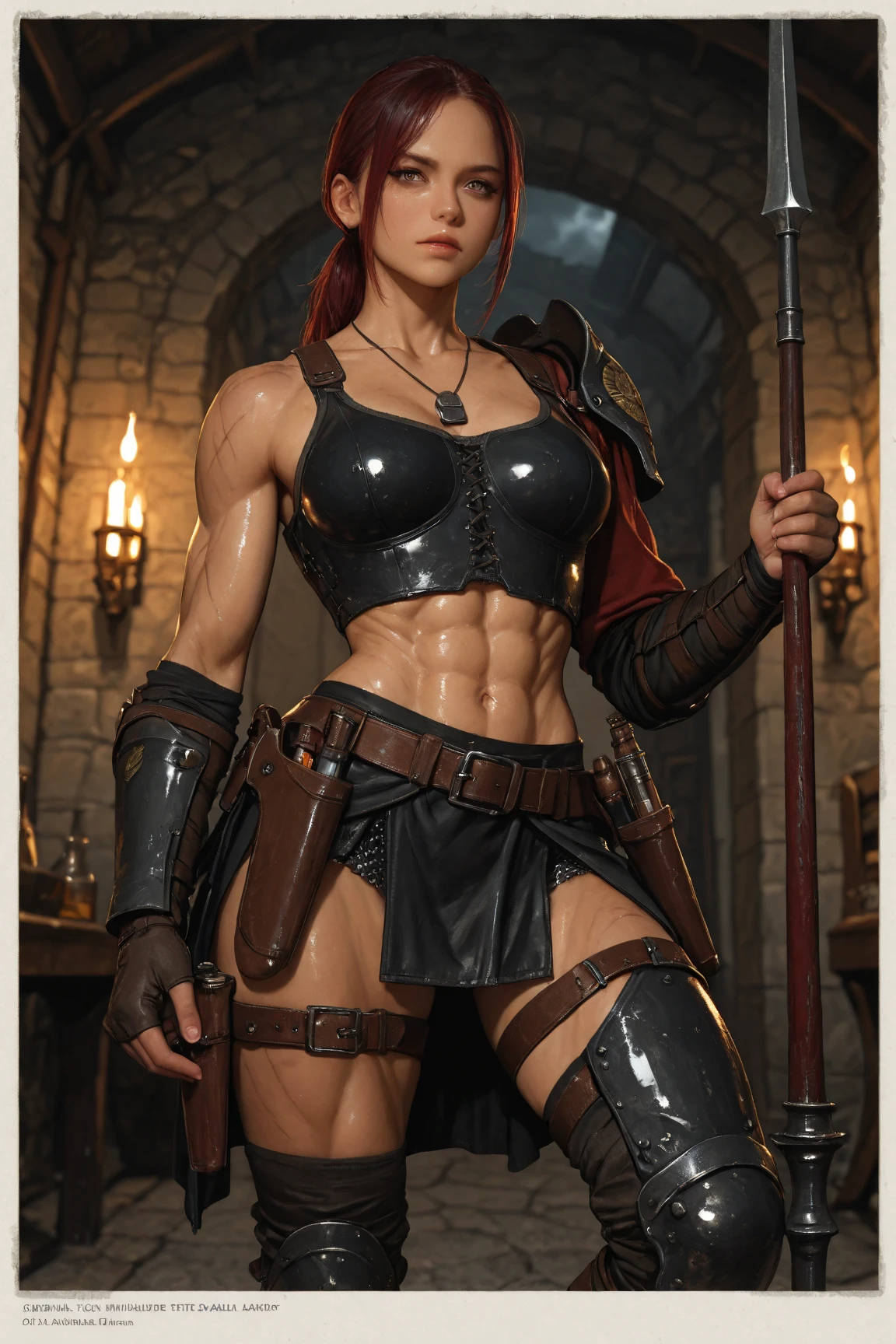 4k, attractive model, highly muscular body, vibrant red hair, gleaming metal bikini suit, leather gloves with details, leather belt adorned, holding a powerful axe.