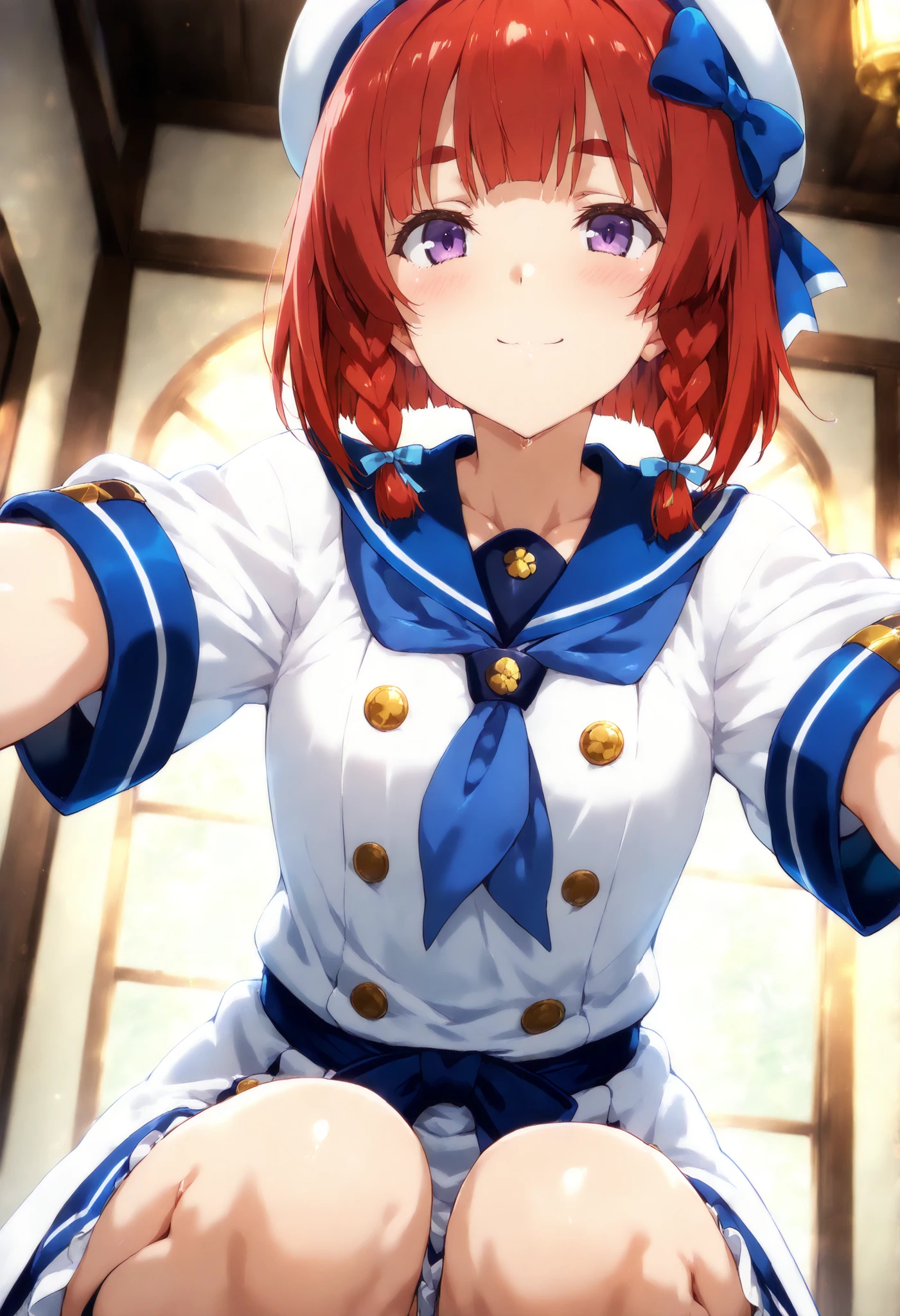masterpiece, Highest Quality,
one girl with arms, alone,
It's over , close, smile, mouth from below,
Etorofu \(fleet collection\), short hair, redhead, bob cut, twin blade, Thick eyebrows, purple eyes, Side Braid, twin blade, , flat at honny_chest,
, Seraphim, white hat, blue neckerchief, blue ribbon, hair bow, white gloves, (Panchira), squats