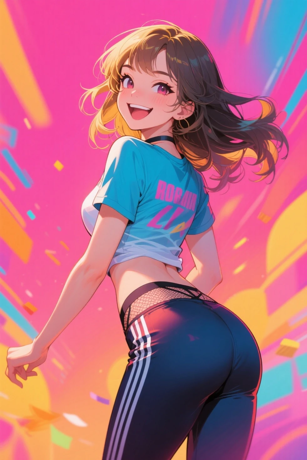 Multicolored balloons and confetti,Amusement Park Entrance Gate,Sunny sky with white clouds floating in the blue sky,fluffy hair,Green and brown hair,the eyes are orange,Black shorts and black striped shirt with black and white monotone color coordination,Loose socks and short white boots,Long sleeves with a sense of transparency,Hair Band,While turning around, Put your hands on your hips and make a peace sign and a definitive pose,Excited face,Laugh a little embarrassedly and shyly,SEX,AHE Face,The back is visible,posterior view,squinted、Give them a happy face,Smile on his face,Protruding buttocks,Sexy lips,It has a lustful look,Sleepy face,heart mark,red tide,