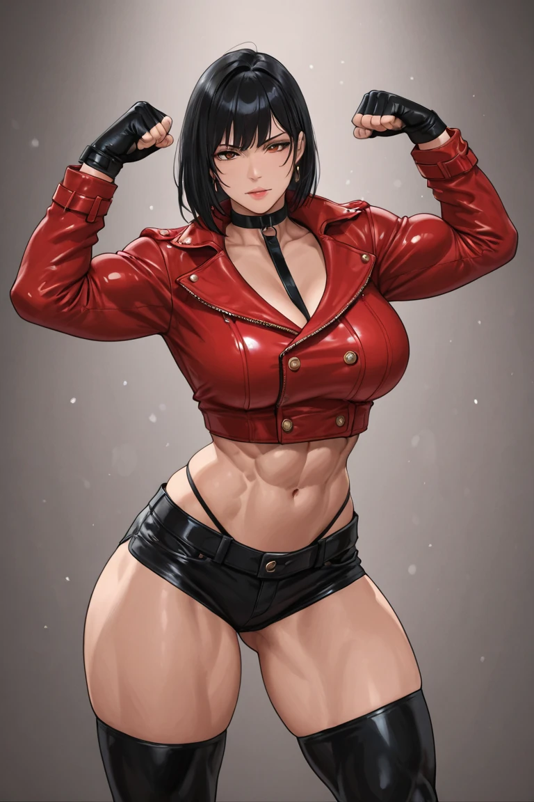 Resident Evil 6,ada,Ada Wong,ultra-quality,Photorealsitic,a red jacket,Black leather pants,An ultra-high picture quality,Digital SLR,Based on anatomical grounds,Depicted in detail,((flat breast:1.5)),A slight smil,Detailed face,