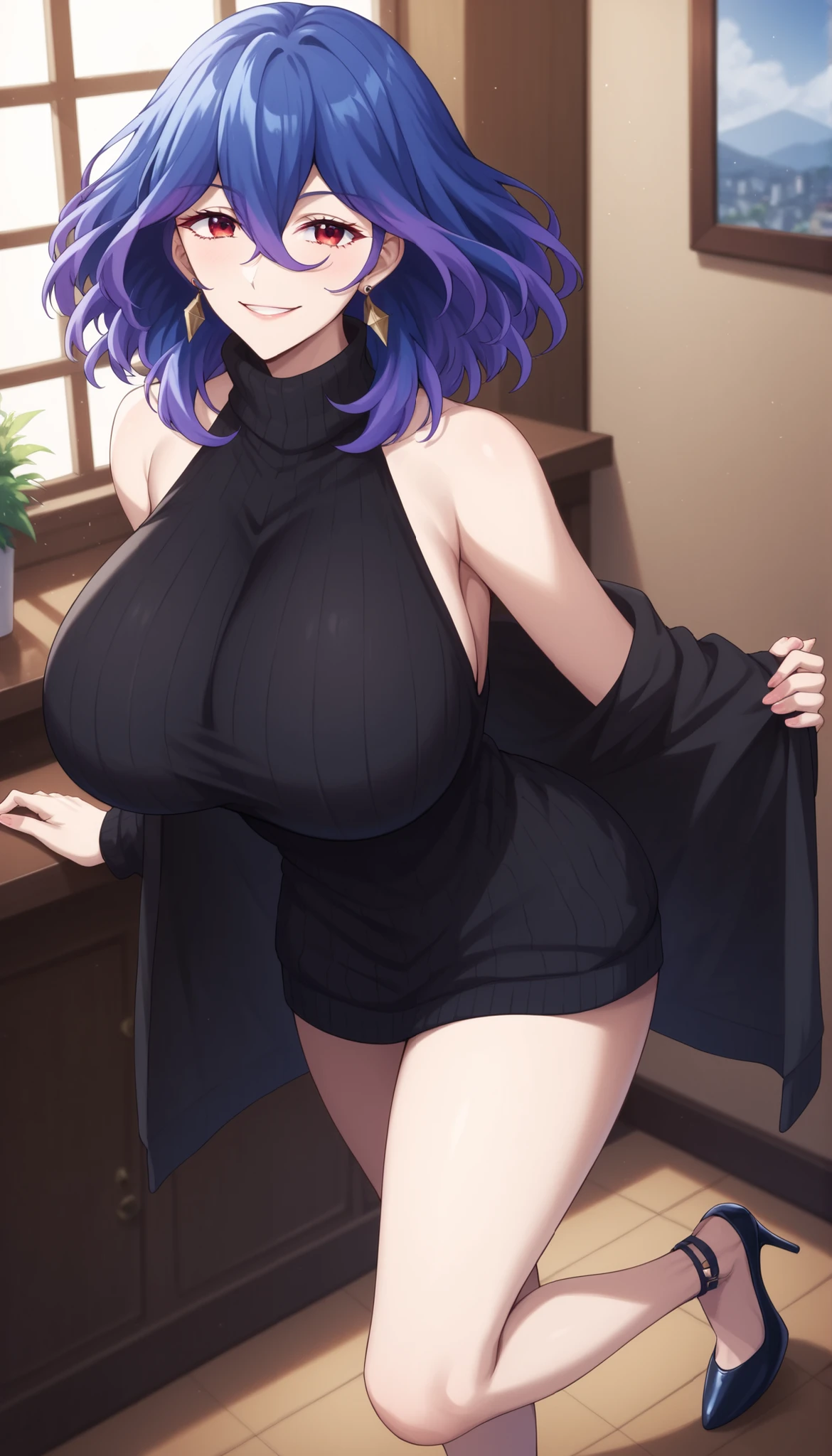 score_9, score_8_up, score_7_up, score_6_up, score_5_up, score_4_up
vermeil, vermeil, red eyes, hair between eyes, blue hair, purple hair, multicolored hair, medium hair,
sweater, bare shoulders, sleeveless, turtleneck, black sweater, thighs,
indoors, bent , smile,
looking at viewer, 1girl solo, ,,,,,,, earrings big breasts huge breasts , locking at viewer, standing , high heels , shiroshisu style 