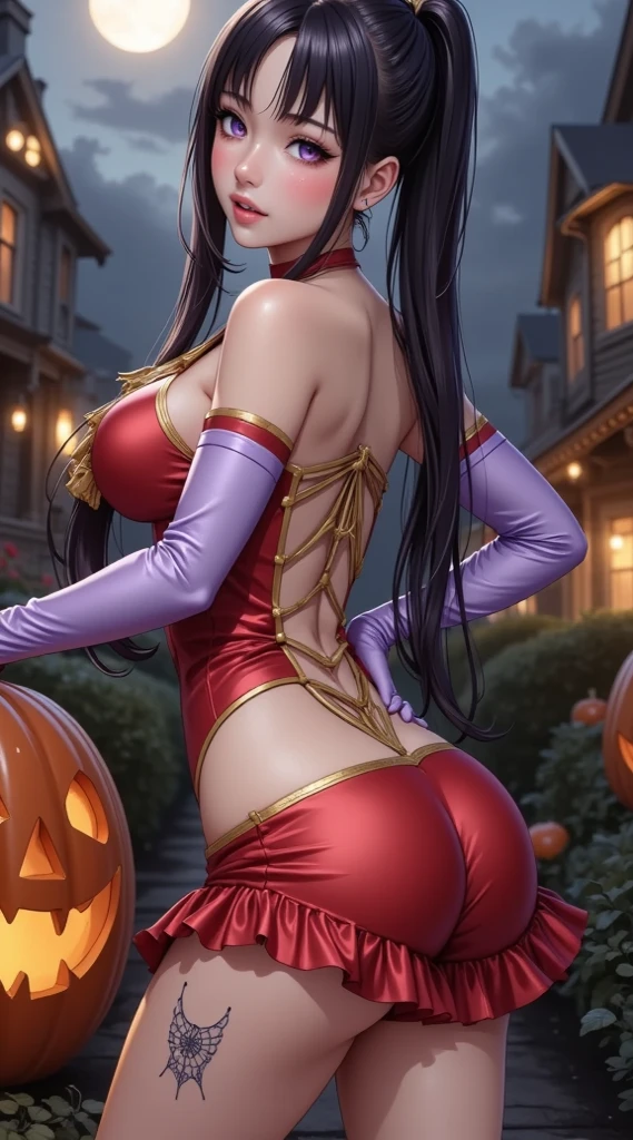  (masterpiece,  computer, mejor quality,  Clear focus, shadow, anime style, ultra high resolution, 8K, perfect anatomy, rostro perfecto, (detailed face), (  Detailed eye  ), score_9, score_8_up, score_7_up, score_6_up, score_5_up, score_4_up,  source _Animated, Label 1, Label2, quality_masterpiece, anatomically correct, beautiful face, rostro perfecto, Beautiful and highly detailed face and eyes, Attractive face, detailed face, Delicate facial features, detailed leather, Huge Breasts, breast size cup D or DD, wide hips, gigantic butt, thick thighs. Anime-style illustration of a beautiful woman with an elegant and sensual look with a Halloween aesthetic.  has long , smooth and dark, tied in a high ponytail with straight bangs.  Her makeup is striking , with outlined eyes, shadow oscura y labios rojos intensos. She wears gold earrings and a small cobweb tattoo on her arm. Her outfit is bold and revealing: fitted top with gold and bright red details, long purple gloves and a short skirt with ruffles.  in the background, a Halloween night mood, with illuminated carved pumpkins, Victorian-style houses, without trees and a bright full Moon among clouds. flirty and fanciful style, dim lighting and mysterious atmosphere with Gothic touches.
