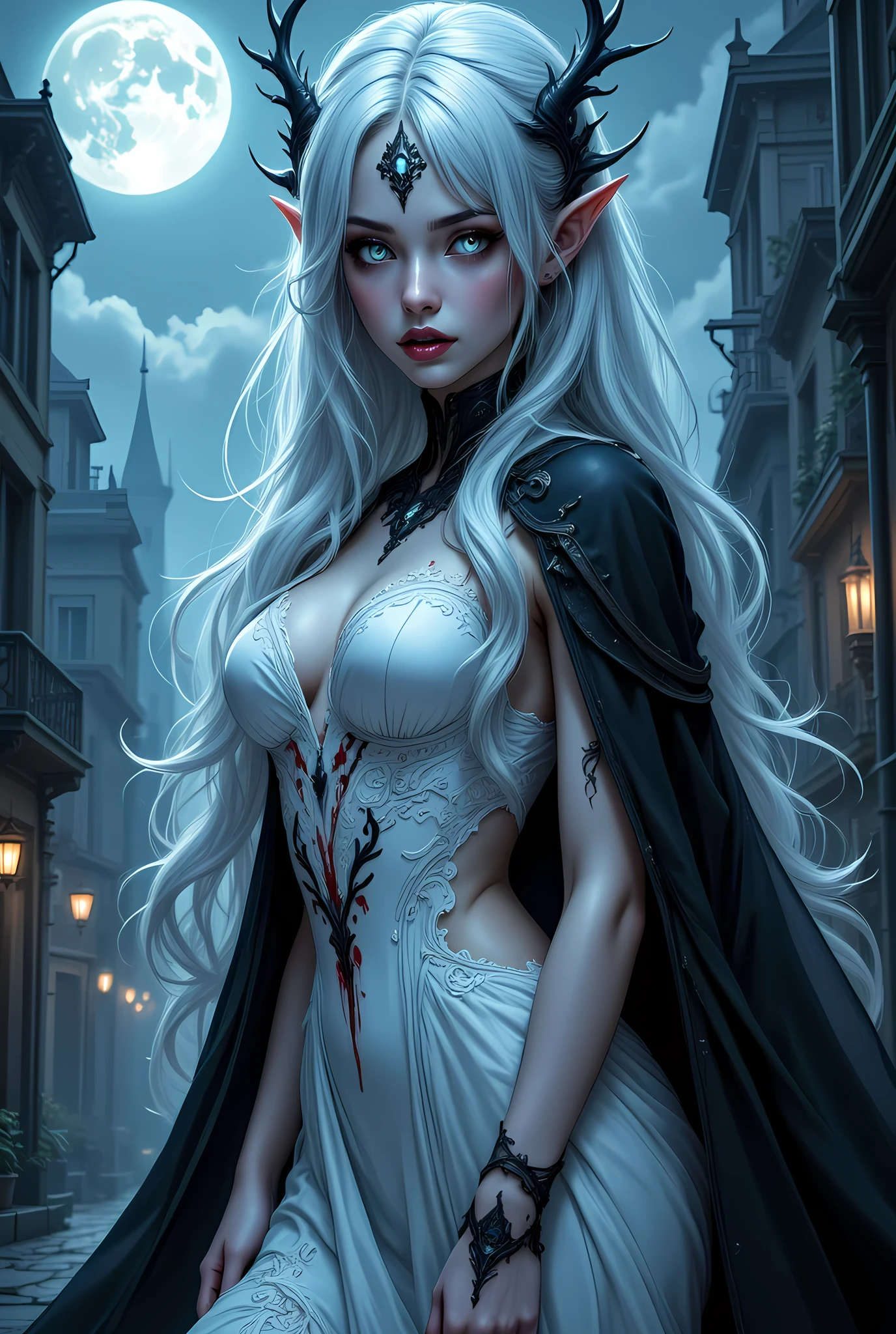 a picture of an exquisite beautiful female vampire standing under the starry night sky on the porch of her castle, dynamic angle (ultra detailed, Masterpiece, best quality), ultra detailed face (ultra detailed, Masterpiece, best quality), ultra feminine, (black skin: 1.3), black hair, wavy hair, dynamic eyes color, cold eyes, glowing eyes, intense eyes, dark red lips, [fangs], wearing white dress (ultra detailed, Masterpiece, best quality), wearing blue cloak (ultra detailed, Masterpiece, best quality), long cloak, flowing cloak (ultra detailed, Masterpiece, best quality), wearing high heeled boots, sky full of stars background, moon, bats flying about, high details, best quality, 8k, [ultra detailed], masterpiece, best quality, (ultra detailed), full body, ultra wide shot, photorealism, dark fantasy art, dark fantasy art, gothic art, many stars, dark fantasy art, gothic art, sense of dread,