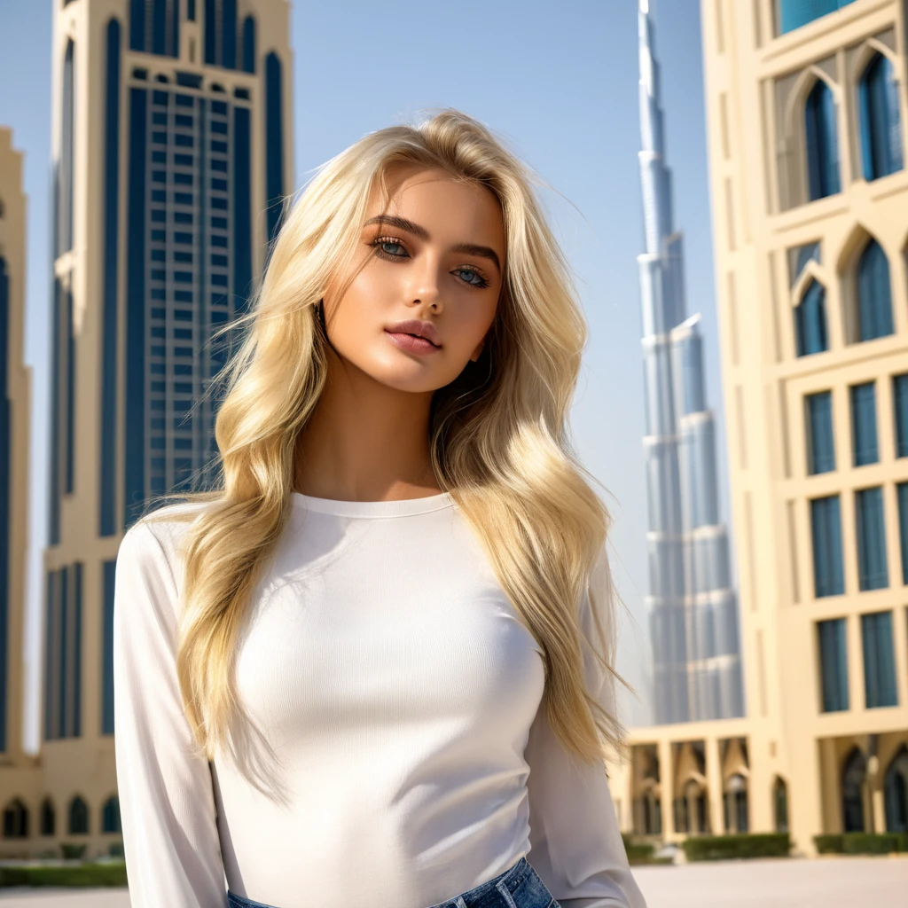 1girl in, age19, Solo, Long wavy hair, Colossal tits, long messy windy blonde hair, camera facing down at, sittinggon floor, at Burj Khalifa, looking up at camera, half smile, biting lip, blondehair, Full body, (extremely detailed 8k wallpaper), soft lighting, high quality, film grain, Fujifilm XT3 sharp focus, f 5.6, 50mm, High Detail, Sharp focus,(natural light), (seductive), knit sports top, thick stripes, pure black skirt, revealing, Realistic, A sexy