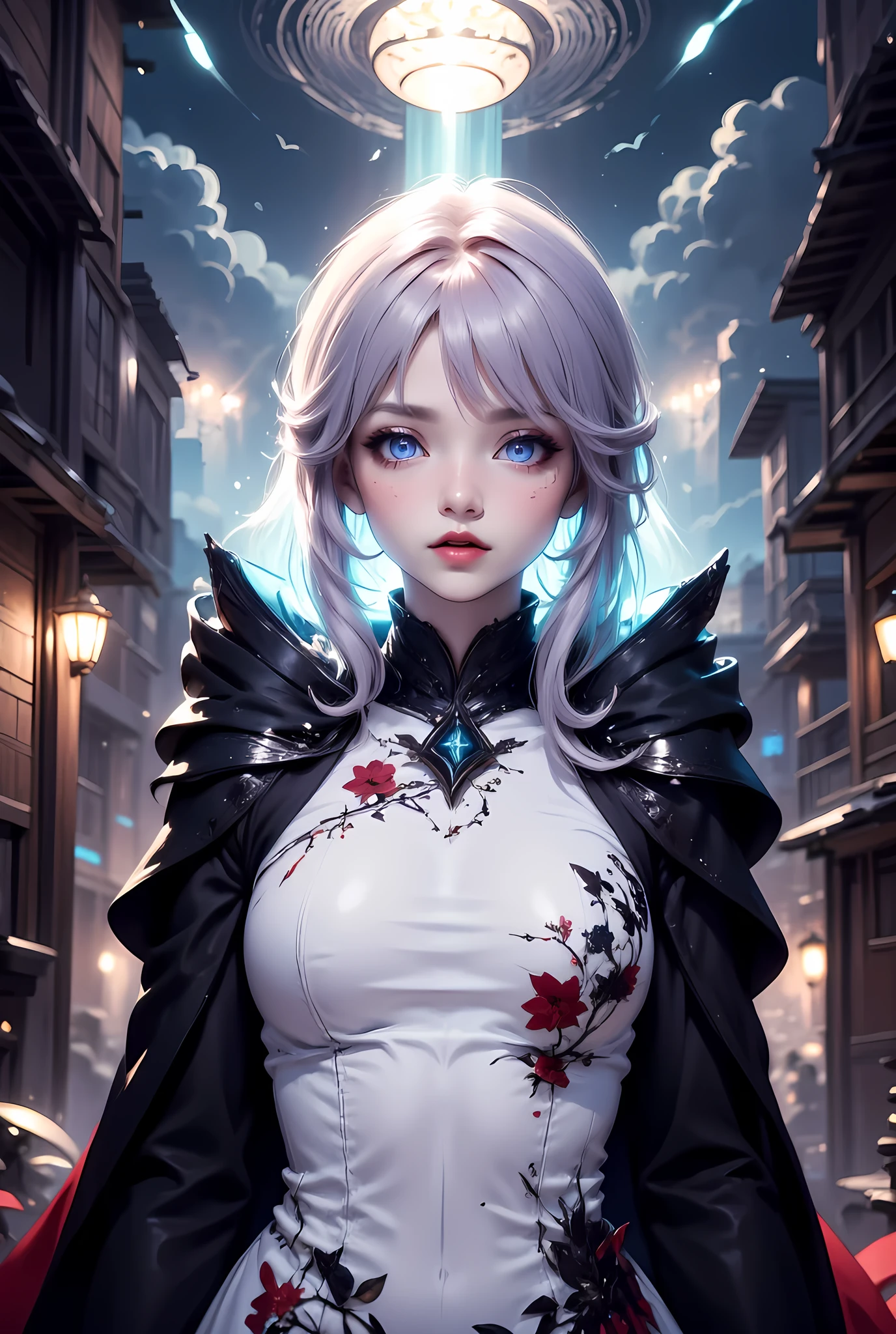 ((a female vampire's pair of glowing eyes shines)) close up picture, the fog hides the face, you see only the glowing eyes , you see only the pair of eyes, fantasy dark alley background, the fog fills the alley, you see only the glowing eyes