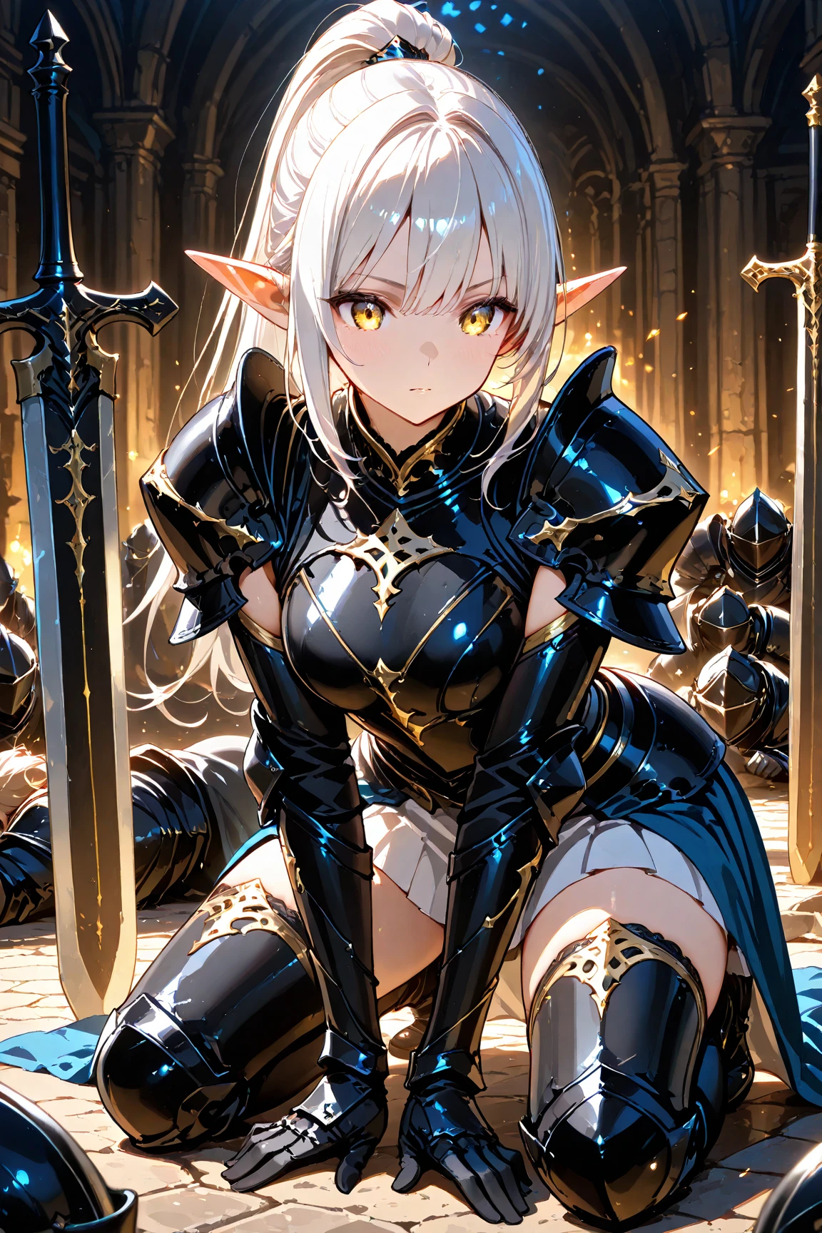 A group of female knights, (all of them :shirt lift, bare breast, in cave, vaginal spread, after sex, cum dripping, vaginal penetration), various hair styles, wearing armor, defeated, bruise, injury, scared, cry, tentacles, multiple girl, metal armor