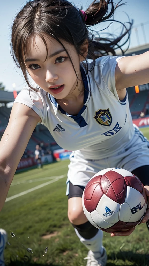 (8K, Raw photo, top-quality, masterpiece: 1.2), masterpiece, super detailing, Ultra-high decomposition energy A, (Realistic and realistic photos: 1.37), high-definition RAW color photography, Very delicate and beautiful., About Igree, 8K Wallpaper, astonishing, detaileds, extremely detailed eye, highlydetailed skin, extremely detailed fingers, highly detailed nose, highly detail mouth, perfect anatomia,1girl in, (Sexy Football Uniforms), a miniskirt,large full breasts,A slender,Toned buttocks,Stockings,Keep one's mouth shut、Smile happily、largeeyes、Distinct double eyelids、Eye lashes、long neck、Absolute area、Clean collarbone、face perfect、thin lips、a small face、(Gaze towards the viewer、Highlights in the eyes、Light brown eyes、Gloss on lips) , (Football Stadium:1.4) jewely, Cute smile,Short hair, Solo, 18year old、hposing Gravure Idol, Perfect Lighting,dynamic ungle, (Kick the ball dynamically:1.6),Football matches,