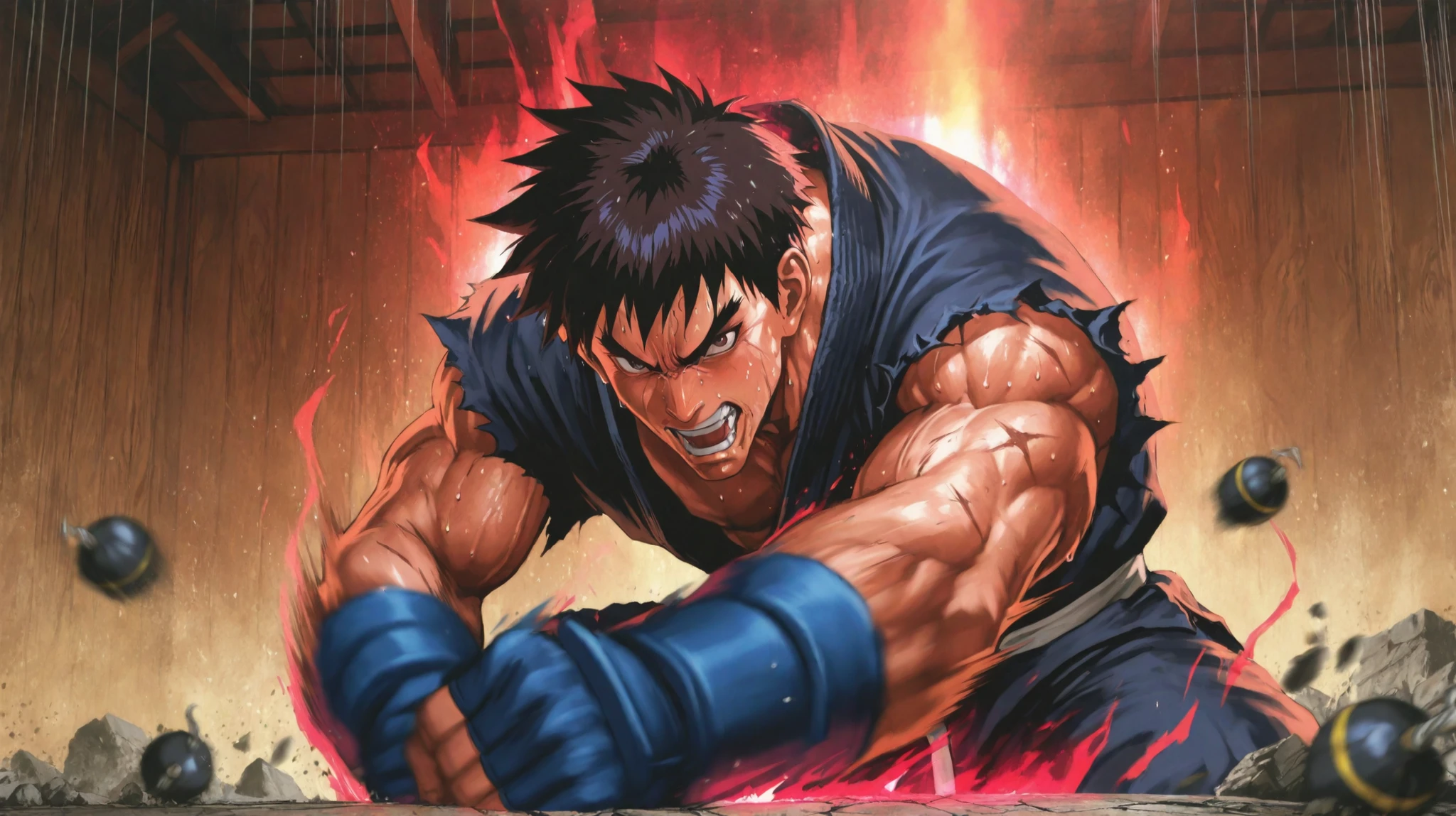 Intense anime-style training fight between Ryu and Ken in a dojo at sunset. Ryu lands a heavy punch to Ken’s jaw, with exaggerated speed lines, motion blur, and a burst of energy. Ken’s head snaps sideways, his hair flying, but his eyes show focus. Both are sweating, with bruises and torn gis, but clearly enjoying the challenge. Background shows wooden walls, torn scrolls, and a cracked floor from earlier hits. Explosive energy aura around them, bold colors, heavy shading, high-impact composition, classic Street Fighter anime art style, full color, manga FX overlays like “WHAM!” and “BOOM!”.
