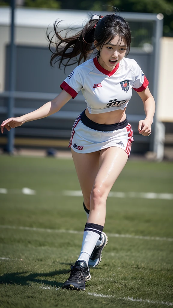 Emma Watson,  　Ultra-high resolution, Anatomically correct, Fine-grained skin, Super detailed, masterpiece , (Highest quality) 　(8k wallpaper) 　Perfect Anatomy , Excellent anatomy with full body images, Amazing details , Football Stadium、Kicking a soccer ball　