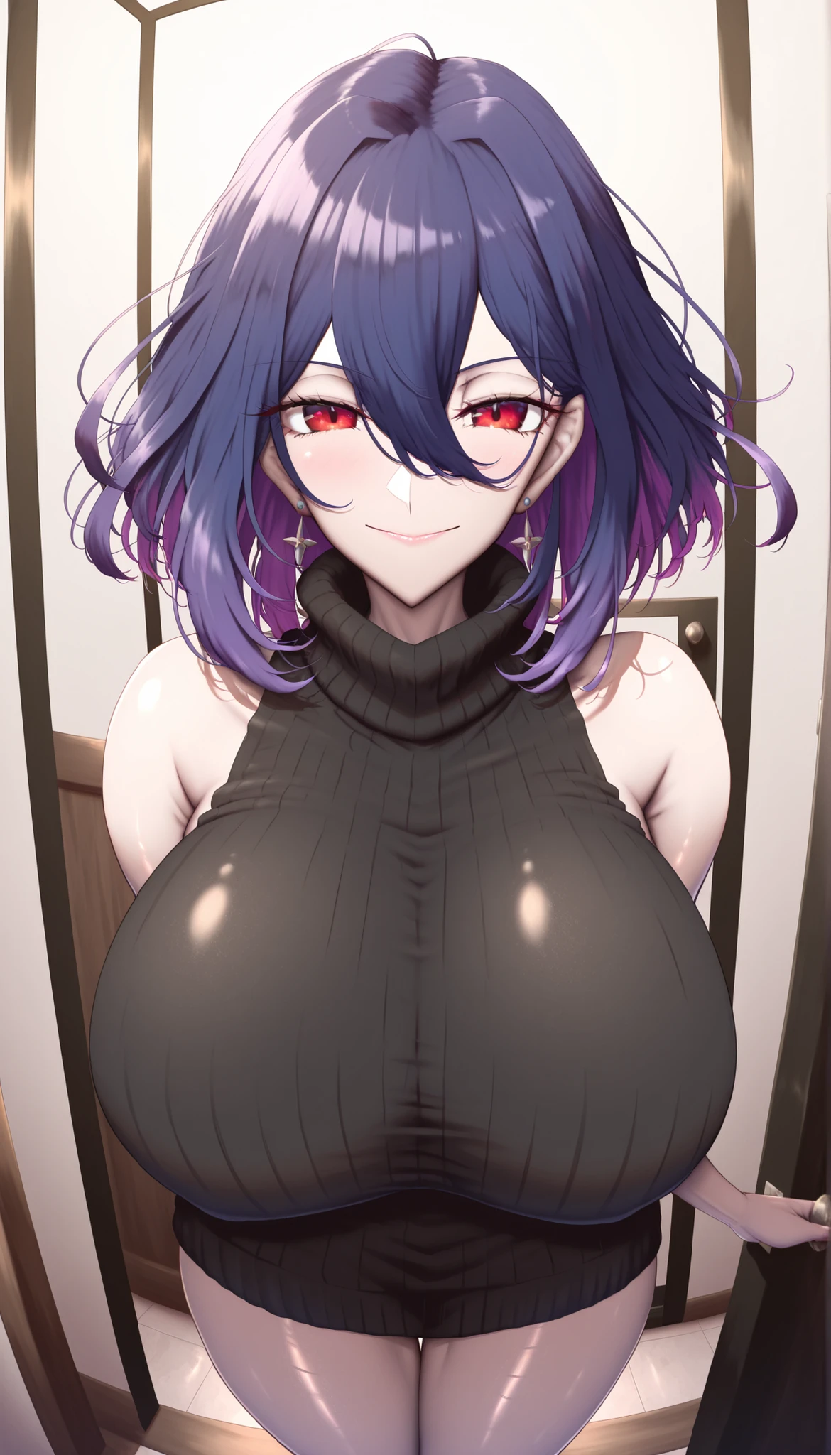 score_9, score_8_up, score_7_up, score_6_up, score_5_up, score_4_up
vermeil, vermeil, red eyes, hair between eyes, blue hair, purple hair, multicolored hair, medium hair,
sweater, bare shoulders, sleeveless, turtleneck, black sweater, thighs,
indoors, bent , smile,
looking at viewer, 1girl solo, ,,,,,,, earrings big breasts huge breasts , locking at viewer, standing , shiroshisu style 