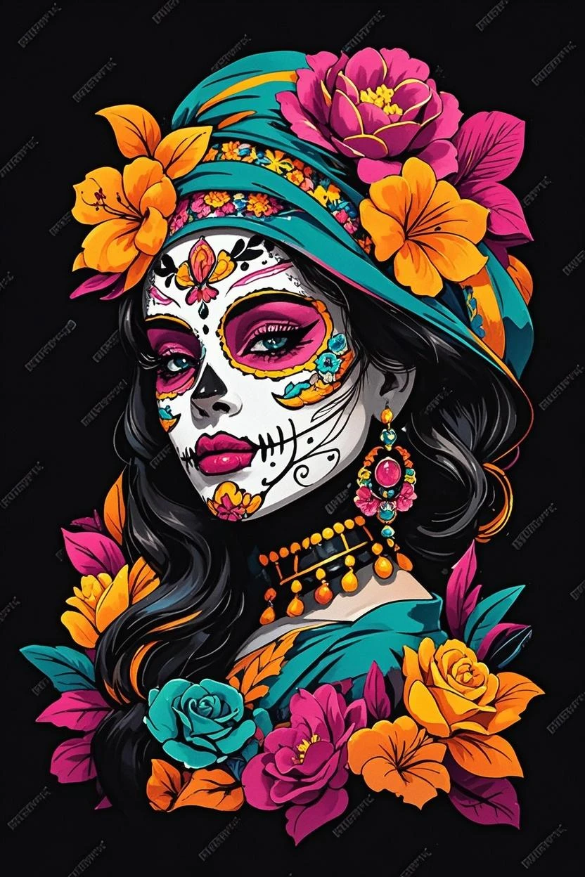 japanese necromancer in mexican folk outfit, vector graphics, strong contours