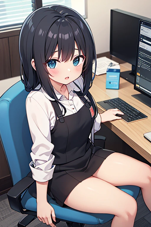 YELAN, 1girl, solo, ((white shirt)), black thighhighs, breasts, cleavage, uniform, office background, black skirt, pleated skirt, office, hair between eyes, large breasts, short hair, looking at viewer, BLUE HAIR, blue short nails, blue eyes, solo, thighhighs, thighs, very long hair, ((masterpiece)), sitting, chair, desk, computer on desk, name tag, id tag, indoor, blush, sexy pose,