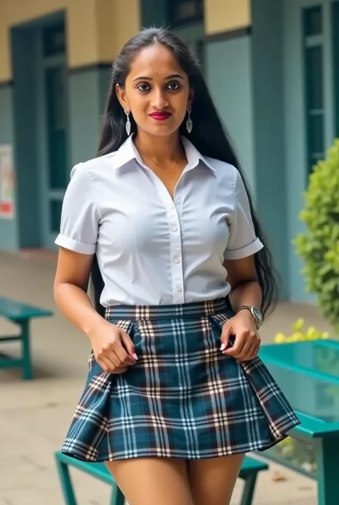 Beautiful filipina, skirt lifted up, flashing pussy, hands on skirts, gripping skirt, ((in the dim place, in the deep forest, near the river, mountains, dark hour of down)), (((round face))), (blush, open mouth), (eccentric pose, showing off her light pubic hair and genitals, large areolas, swollen nipples, glossy lips), stylish eye glasses, blouse un buttoned to navel, (young woman, ribbon, thick braid, pleated skirt, summer shirt, school bag), lifting her skirt, showing vagina
