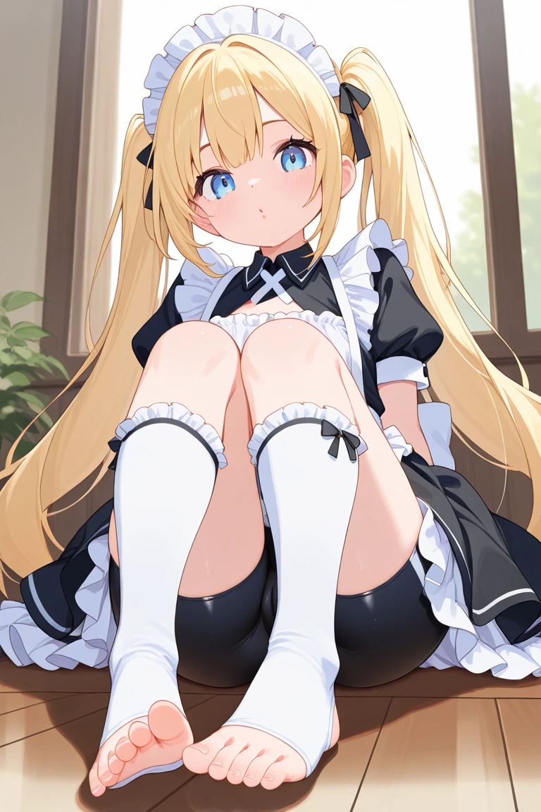 Beautiful long blonde Embarrassing Girl in black maid outfit Long sleeve 1boy, 1girl, penis Cowgirl handholding Spread your legs On the bed Tears are overflowing from my eyes
