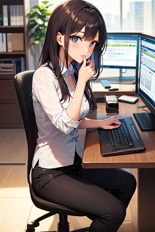 This illustration depicts a cute girl working in an office in a high-rise building, at a moment when she is tired of the situation. She is working on her laptop and is facing the monitor. His eyes are shining. Inside the room are piles of documents, an office desk and chair, a monitor, etc. However, the most notable thing is the "final mysterious high-energy body" she emits. This energy body is released from her body and has the power to obliterate the garbage in the room. emits a pale, white light that reaches every corner of the room. The view from the window is a night view. A girl with a satisfied expression is sitting.night