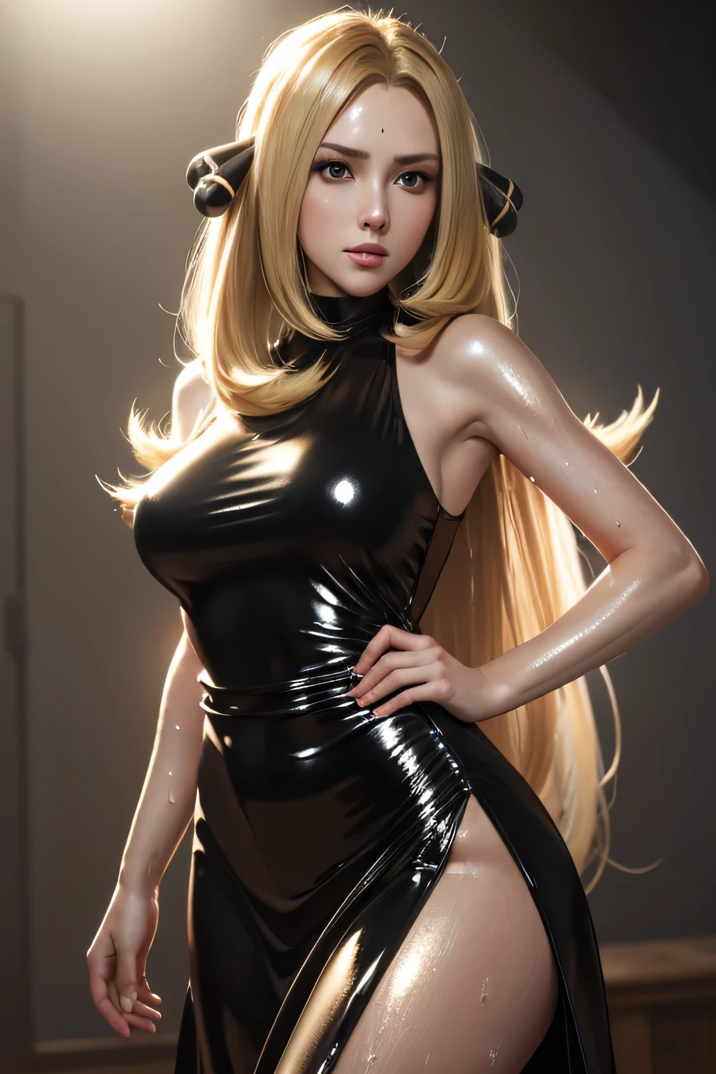 Perfect Anatomy Highest Quality,highest resolution,(((metallic shiny dress black shiny blonde long hair hair ornament Shiny Skin sweat))) Pokemon Cynthia woman 0 clarge breasts