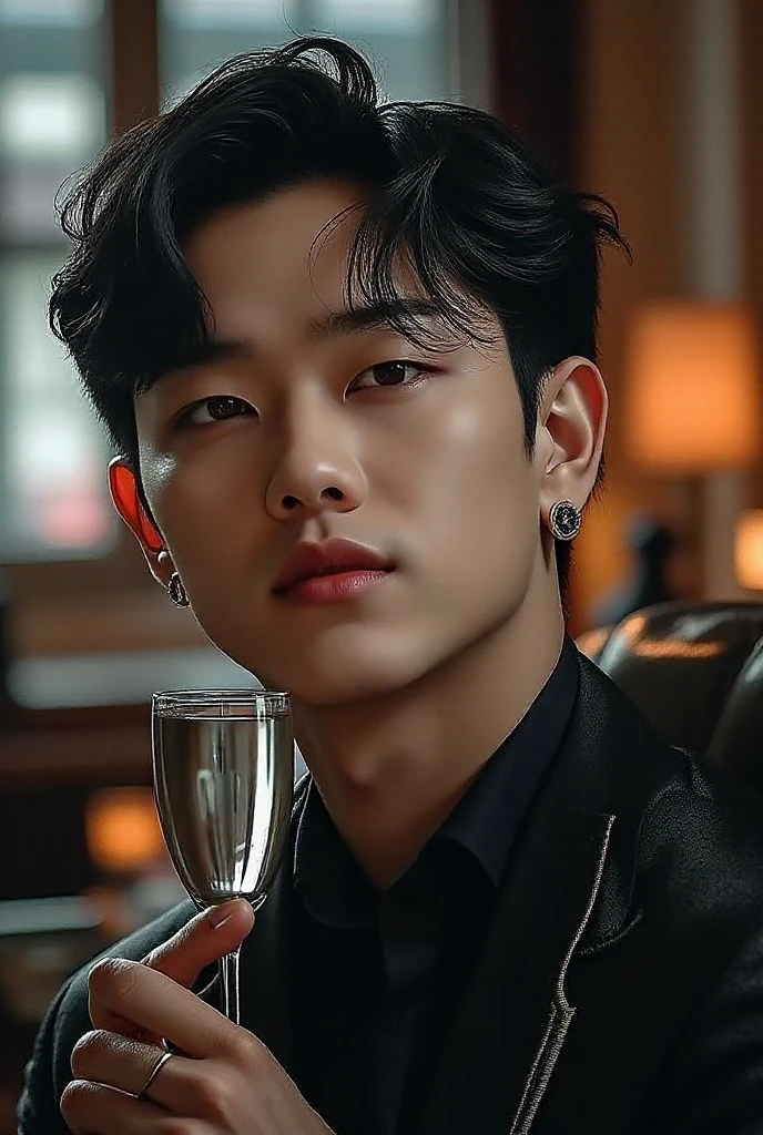 Image of a man holding a glass of whiskey, Jungkook, Cai Xukun, TaeJune Kim, Hyung Tae, Kim Doyoung, foto oficial, taken in the early 2020s, fotos oficiais, solo photoshoot, Jung Jaehyun, Yanjun Chengt, Photo Session, com uma bebida, Beautiful androgynous prince, Bts, Yan