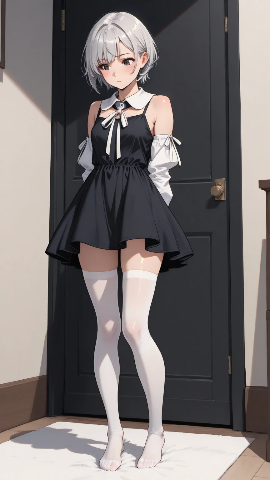 (Masterpiece, best quality, intricate details, 1sologirl) iron collar, arms behind back, iron cuffs, shackles, leather collar choker neck bell, bound ((standing by wooden pole:1.2)) ((female Black Dark skin Gyaru)) show entire body frontal position, feet in view, realistic, gorgeous 16y.o. darkest skinned mixed race female, black African, transparent black pantyhose, legs open, museum,barefoot no shoes, looking to viewer straight symmetrical, white silver long hair