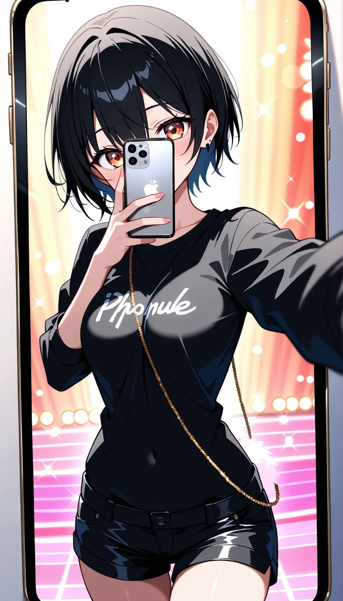 Anime girl takes selfie with smartphone, holding smartphone in front of covering face, black lingerie, lingerie, luxury lingerie, sexy lingerie, navel, (((white background))), huge breasts, light brown hair, smile,