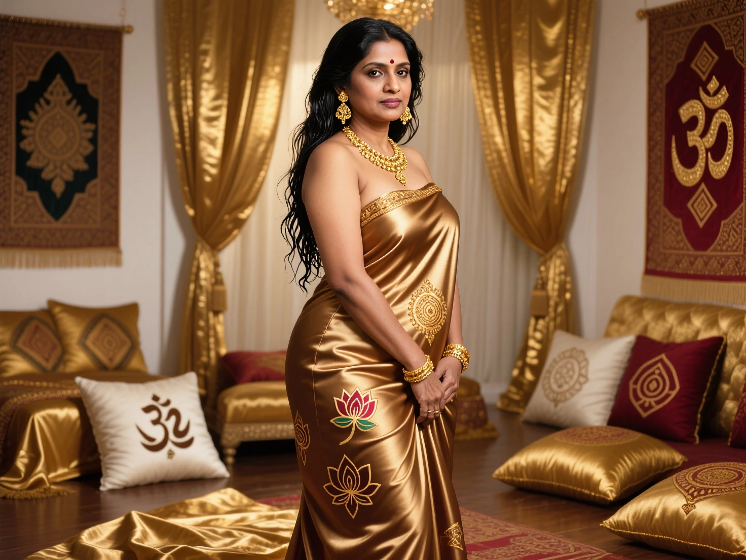 35mm film photography, A middle-aged, full-figured South Indian aunty with a serene expression wearing a, cream-colored silky burkha, standing in a living room surrounded by a group of middle-aged South Indian men, captured in a full-body image with vivid colors and intricate craftsmanship., high detail, pastel, soft tones, full body image