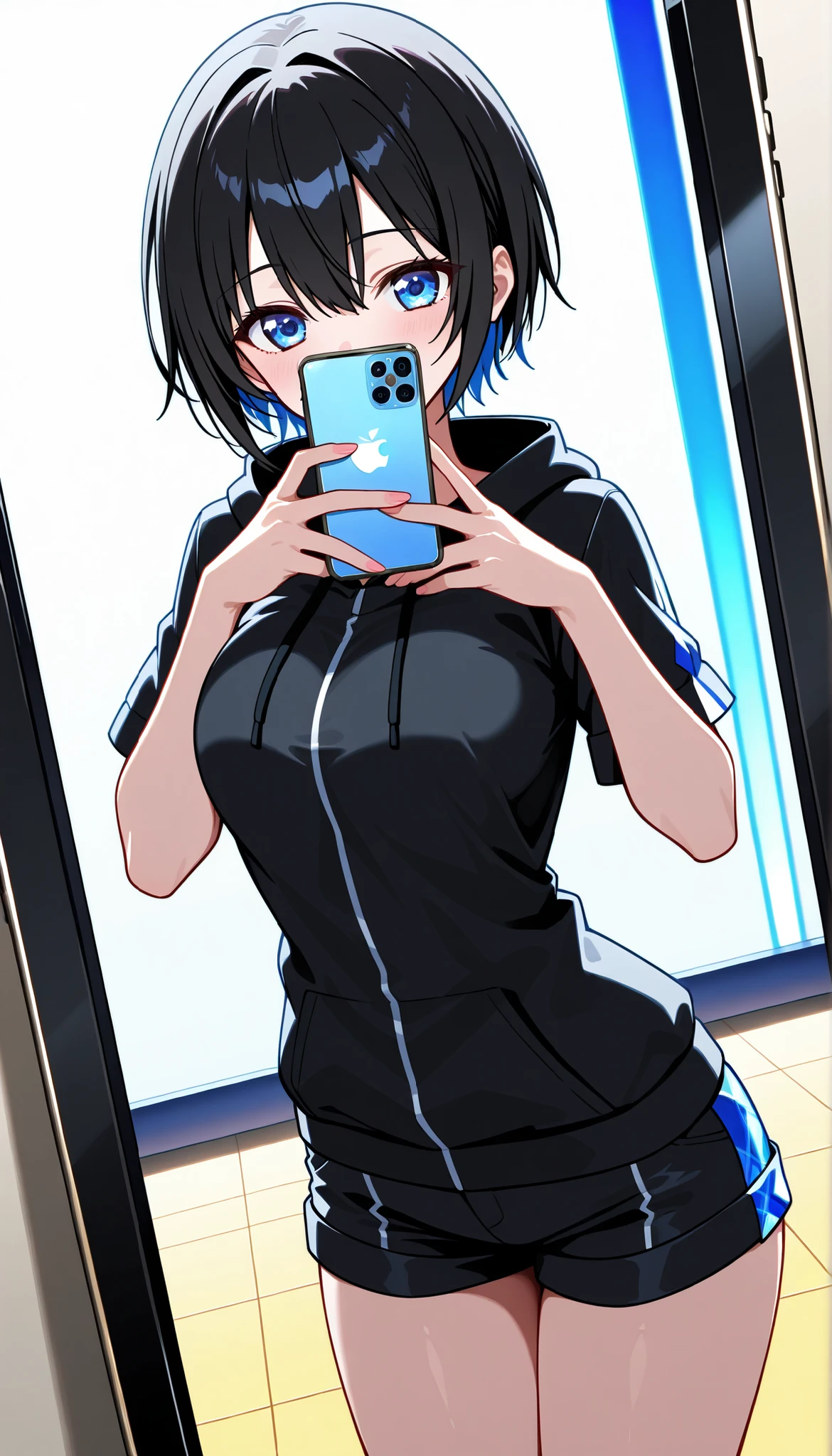 (Shot on iPhone:1.5), (Beautiful girl busty gravure idol taking a selfie with one iPhone:1.5), (black short hair:1.5)