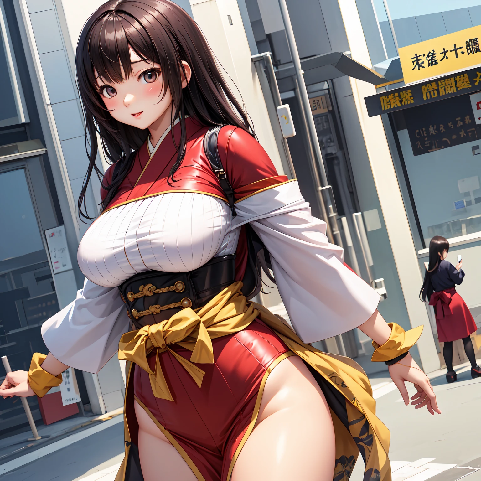 (masterpiece, best quality, ultra detailed, highres, high-resolution, highly detailed, super detailed skin, detailed beautiful eyes, detailed beautiful face, highly detailed background), 1 japanese girl, 18 years old, tall and plump body, huge breasts, thin waist, big hip, thick thighs, (full body:1.5), Near Harajuku station