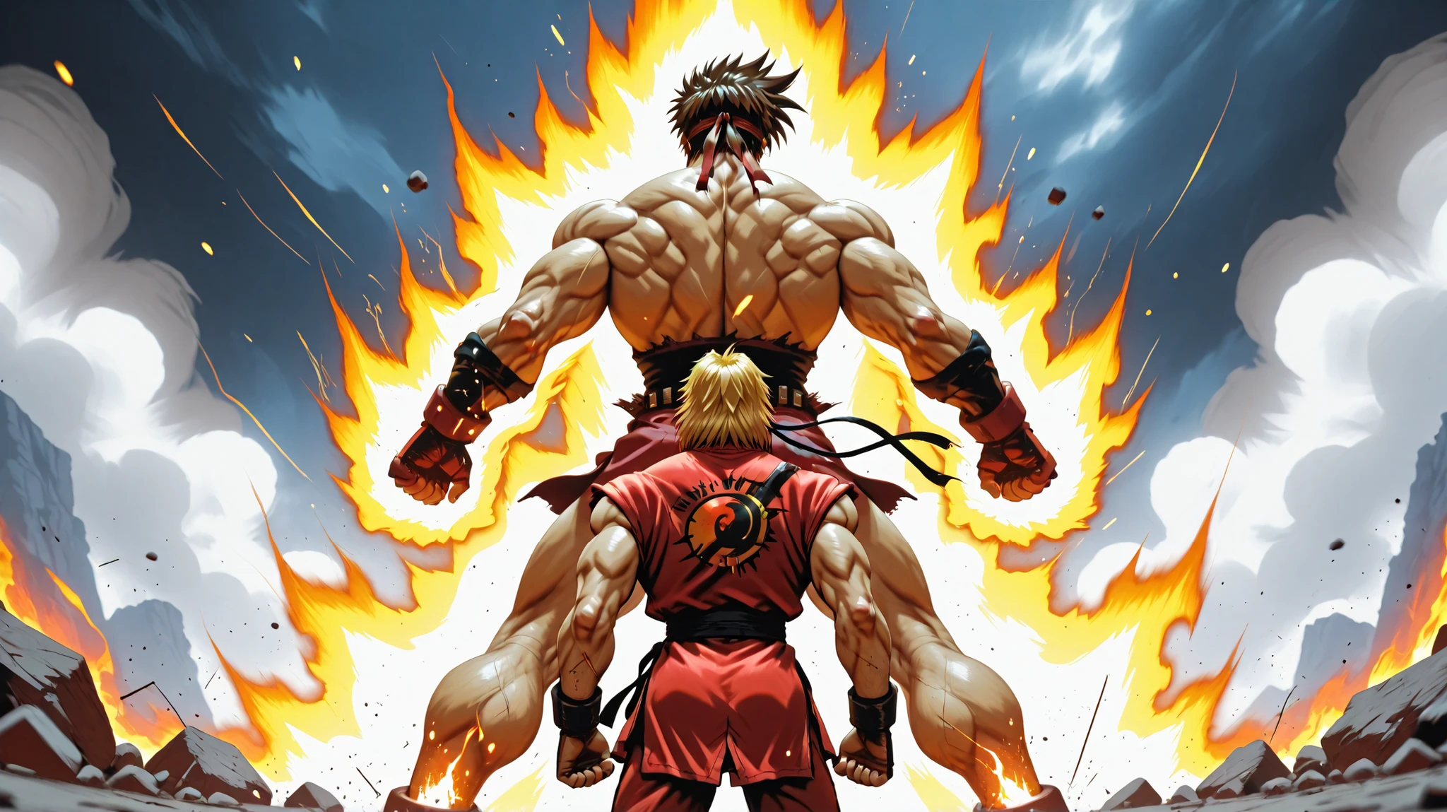 Ken Masters and Sol Badguy, back facing the camera, both leaping into the air performing a powerful dragon punch (Shoryuken-style), their fiery fists nearly meeting at the peak of the motion. Their bodies are angled upward, with energy and flames swirling around their fists. Ken wears his classic red gi, blonde hair flowing back, while Sol wears his red and black battle outfit with headband trailing behind. The sky is lit by the impact of their punches, surrounded by a dramatic sunset or battlefield background with smoke and debris. Cinematic anime-style lighting, epic motion blur, fire effects, explosive aura trails, full color, extreme perspective from low angle, anime fight climax.