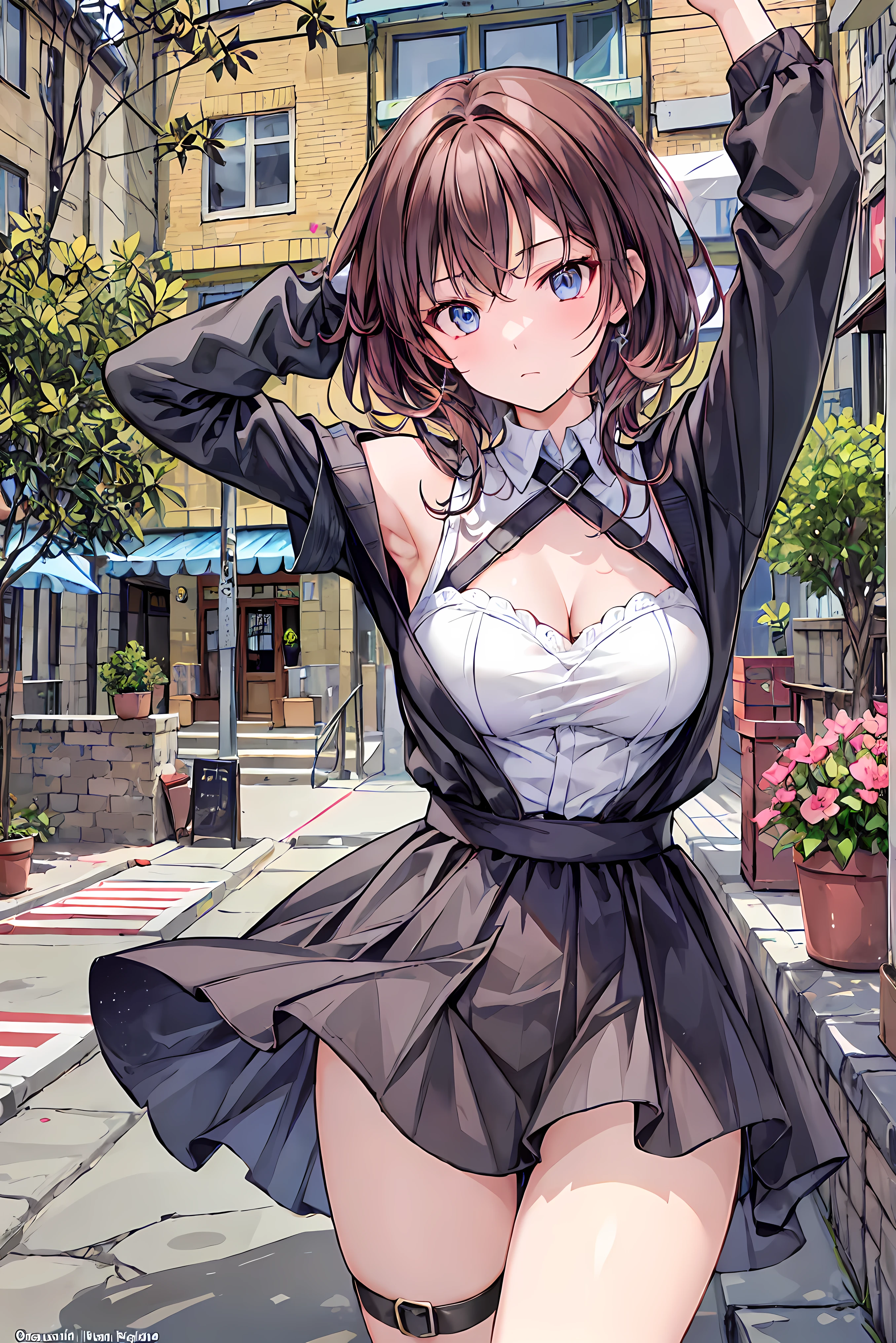 ((masterpiece, best quality, high resolution, ultra high definition, Pixel perfect, depth of field, 4K, RTX, human development report))), 1girl in, single, alone, Beauty、see whole body、 ((long hair, Short Liuhai, reddish brown hair)), ((blue eyes, beautiful eyelashes, realistic eyes)), ((Detailed face, blush:1.2)), ((smooth texture:0.75, lifelike质感:0.65, lifelike:1.1, Anime CG style)), medium breasts, Perfect body, (( Shoulderless low-cut sweater, bare shoulders,exposing her chest, short skirt ,Black tights,Black boots)), Smile, Sideways posture, (wind blows hair，bare shoulders、exposing her chest、Black tights) , Night hot spring ,snow