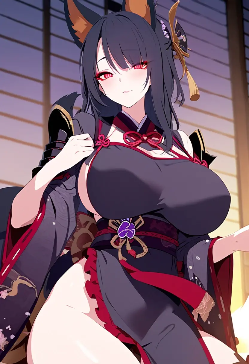 1 women, Raiden Shogun - genshin impact, long purple hair, violet eyes, in chinese room, nudity, nude, sexy, full body, smile, pervert, night