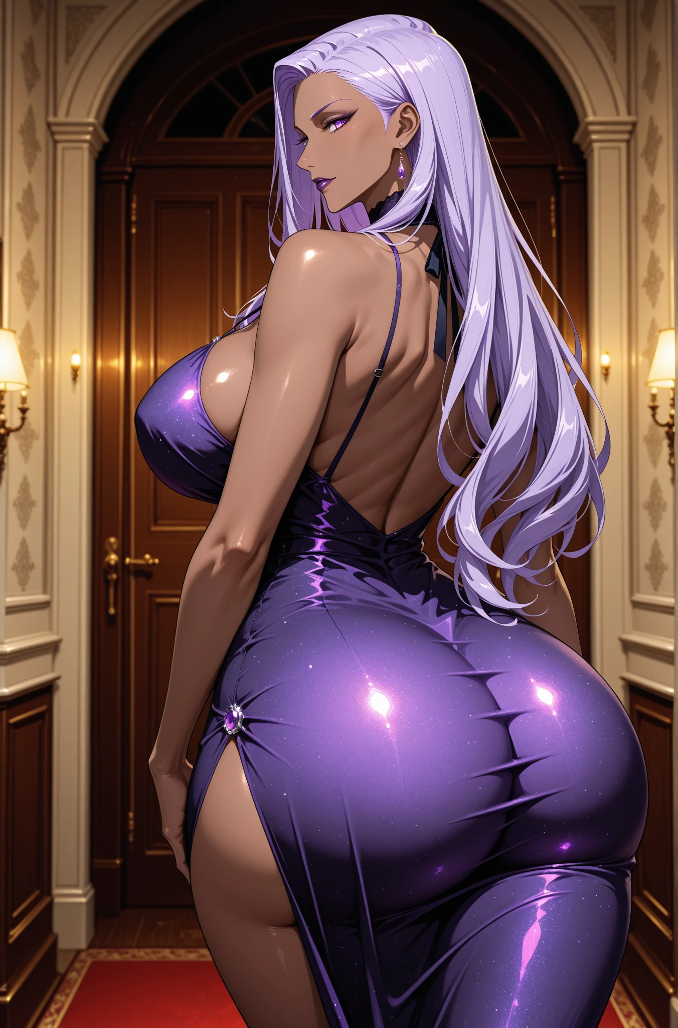 1 Girl, Magenta hair, Very long hair, Purple eyes, Beautiful Eyes, Big eyes, Big Lips, Glossy Lips, Very curvy body, Big Breasts, Long legs, Big Ass, Wide Hips, Thighs, Defined Image, A seductive gaze, villa, villa costume