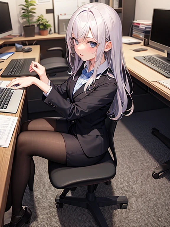 rezeroemilia, emilia, Braid, crown Braid, flower, hair flower, hair ornaments, hair ribbon, long hair, headlock, purple eyes, pointy ears, white flower, x hair ornaments, close your mouth,red glasses, end, black suit jacket, collared jacket, white dress shirt, collared shirt, neckline, button, strap, ID card on the neck, black pencil skirt, black pantyhose stiletto heels,PC on desk,sitting cross-legged on a chair,
break indoors,office,
break (masterpiece:1.2), highest quality, High resolution, unity 8k wallpaper, (shape:0.8), (beautiful and detailed eyes:1.6), highly detailed face, perfect lighting, Very detailed CG, (perfect hands, perfect anatomy),
