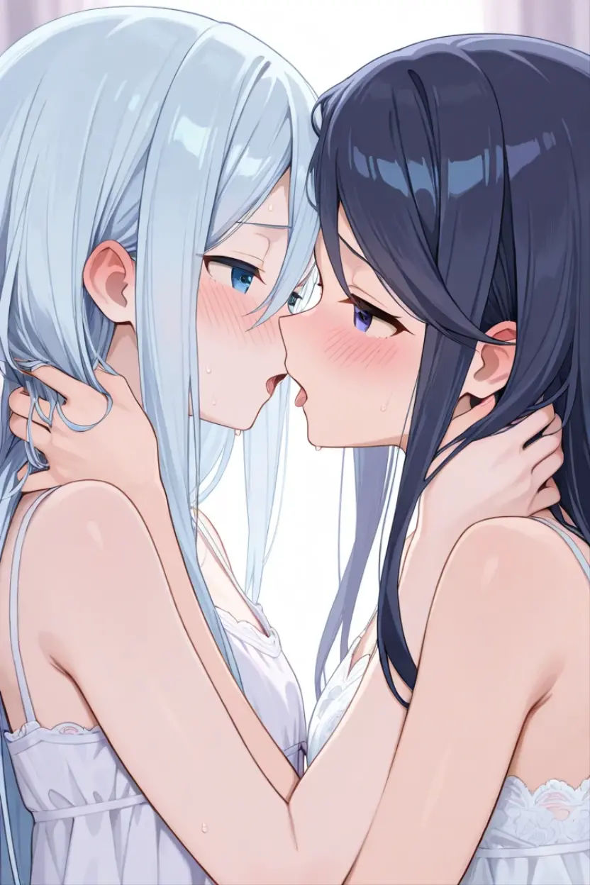 ((masterpiece)), (Highest quality), (Simple style), Long hair, naked, two girls, hugging, buttocks, side view