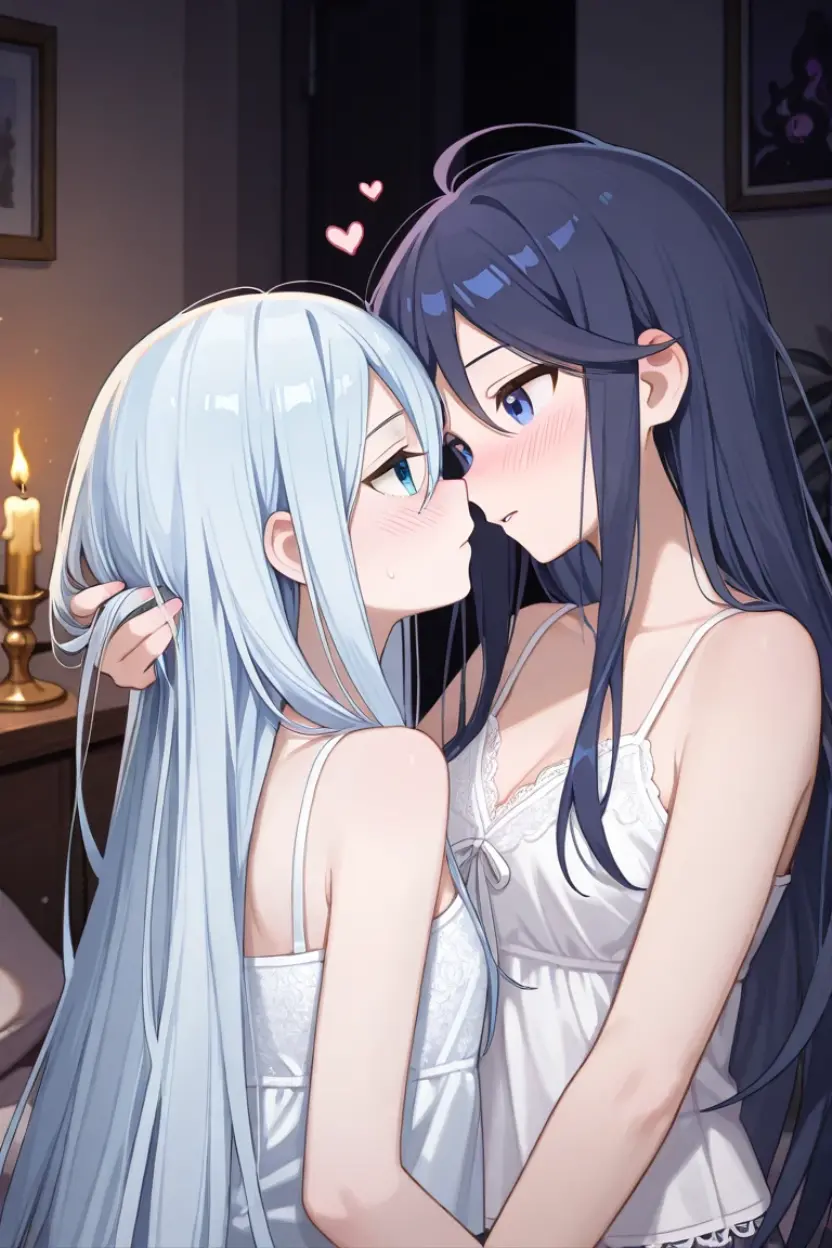 a yuri girls Two thrown on the bed kissing when they doing sex the one has a blue light hair tall and eyes blue the two has a wine medume hair and a wine eyes