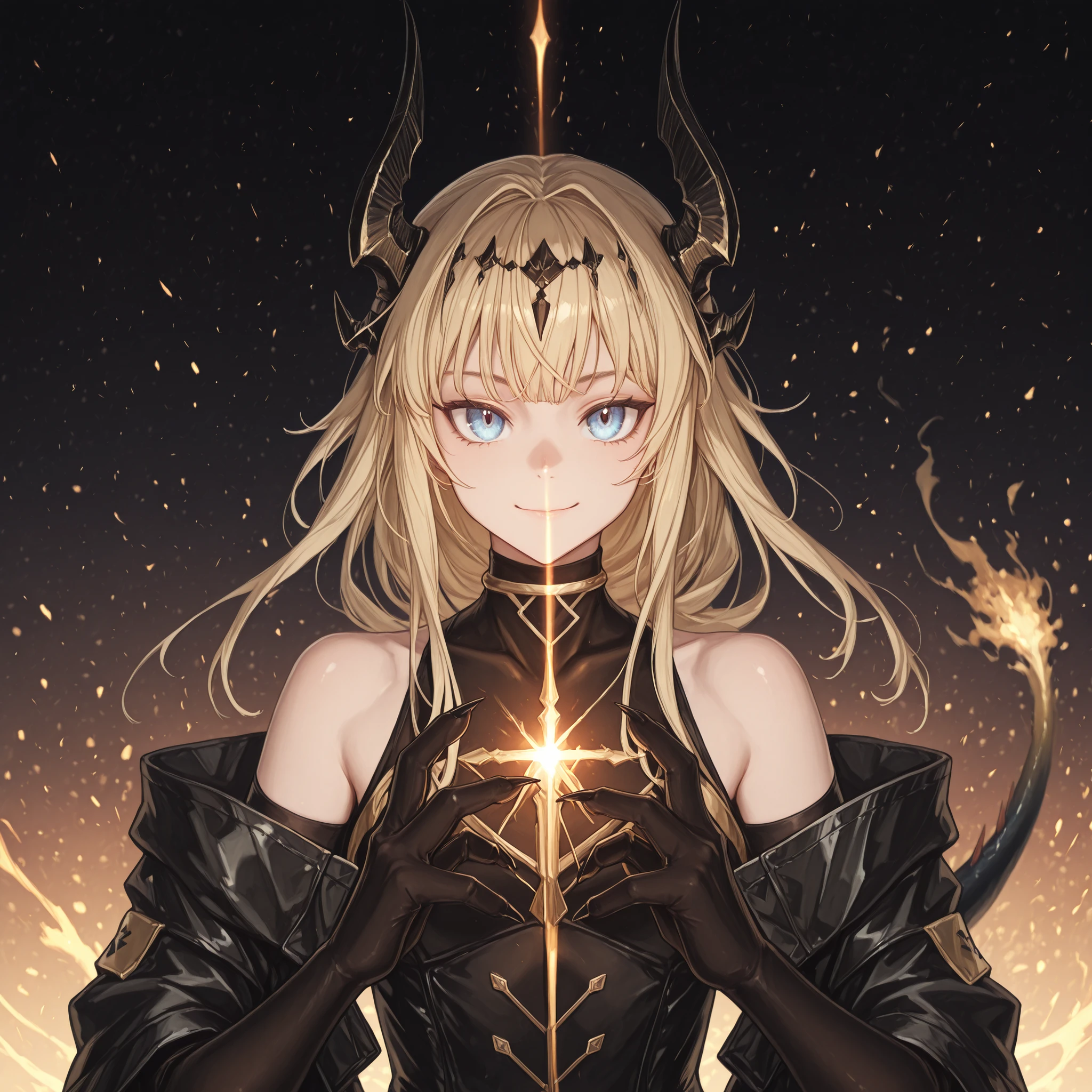 Solo, 1 , e baixo, personagem pequeno, personagem baixo, personagem de 1.50 metros de altura, baixo, personagem jovem, the character is male, male character, jovem meninot create a female character);
Cabelos loiros, The hair design should be the same as Reed's "Arknights", franja longa, black horns like Reed, The Flame Shadow de "Arknights";
The character's face must be the same as Alice Zuberg's in "Sword Art Online", flashy blue eyes, rosto provocante, sorriso provocante, rosto jovem, perfeito e bonito;
Anatomia perfeita, the character's tail must be a dragon and must be Black (with a golden flame on the tip of the tail), black tail like Reed, The Flame Shadow de "Arknights", They must be black;
Colored arms in the Nian style of "Arknights" (but the arms and hands must be painted black with gold details), hands with claws, black arms , arms with gold details;
Black coat like Reed The Flame Shadow in "Arknights", black military clothing with gold details, exposed arms, corpo baixo;
holding a sword (montante) black with gold details, gold ornaments on the sword, spear divine and beautiful, huge blade, futuristic sword;
Fundo preto, striking pose, looking at the observer, black arms and hands with gold details, short blond hair color;
flashy pose, exposed shoulders and head, close to face, looking at the character, looking at the observer, cara a cara, provocative smile , confiante, e baixo, Young character, the character is male, male character, Young boy (Don't make a female character), cabelos loiros;