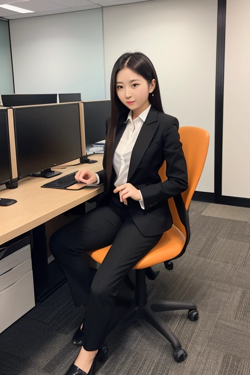 (girl with: 1.6), (lola:RussianDoll:0.4), (lola:TaiwanDoll:0.4), (Best Quality, 8K, masutepiece: 1.3), Focus 1.2, Perfect Body Beauty: 1.4, Highly detailed face and skin texture, Delicate eyes, Double eyelids, Whitened skin, long hair split edges, (Round face: 1.4), gaze at the audience, Leaking teeth and smiling, Sit next to the audience, window, (Full body: 1.1), Secretary, assistant, Black business suit, (Standing), (high-heels), Tight skirt, Sitting in office in skyscraper using computer, a computer, printer, desk work, Office Chair, document, folder, a computer, Note PC, mobile phone, teacup