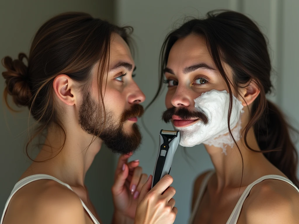 Androgynous man getting shaved by his wife to feminize him