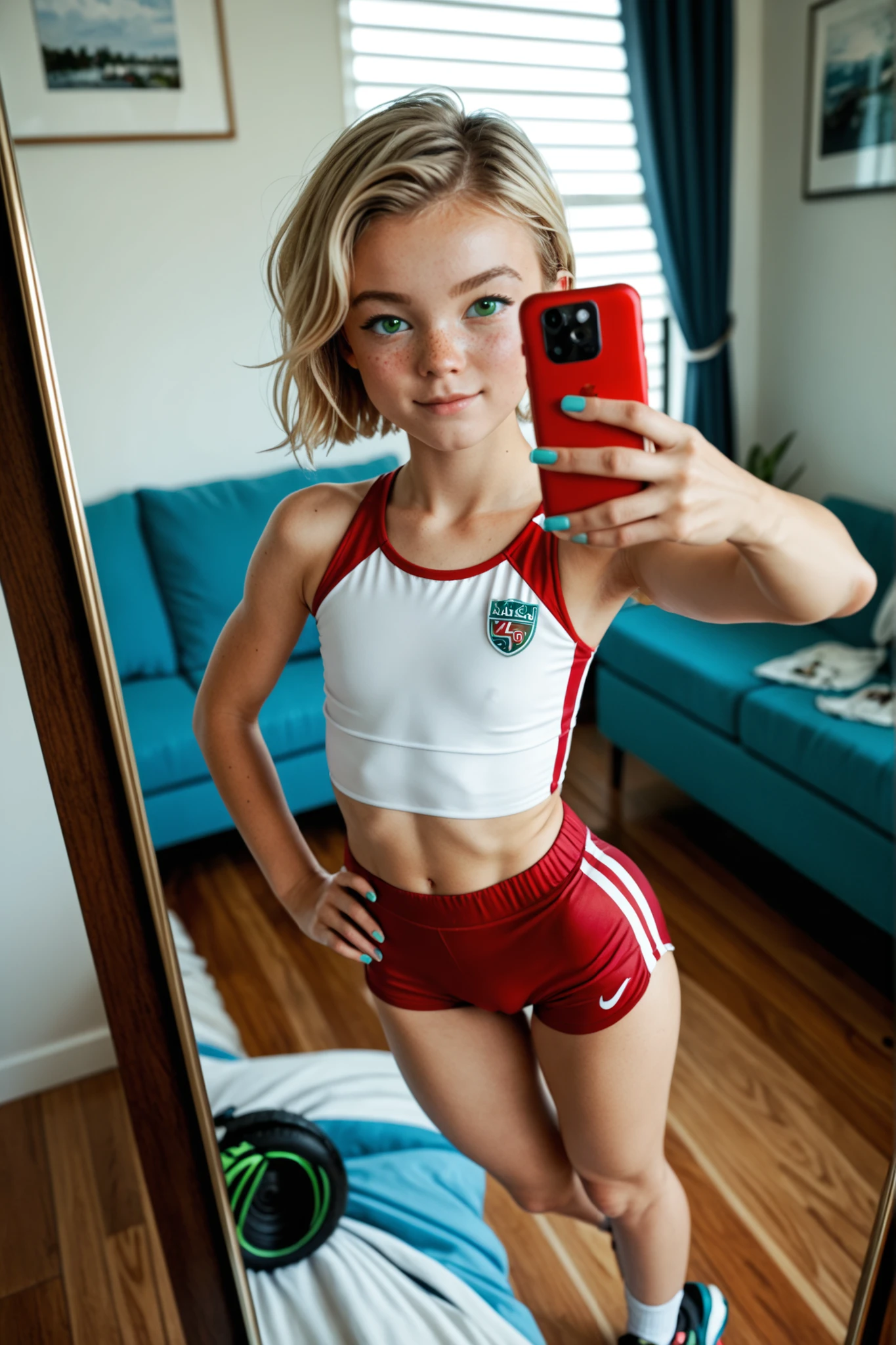 a realistic full body picture of a small youthful Milly Alcock as a short girl. She has freckles, short blonde hair, green eyes, flat chest, wearing a sporty outfit. She's taking a selfie with her cellphone