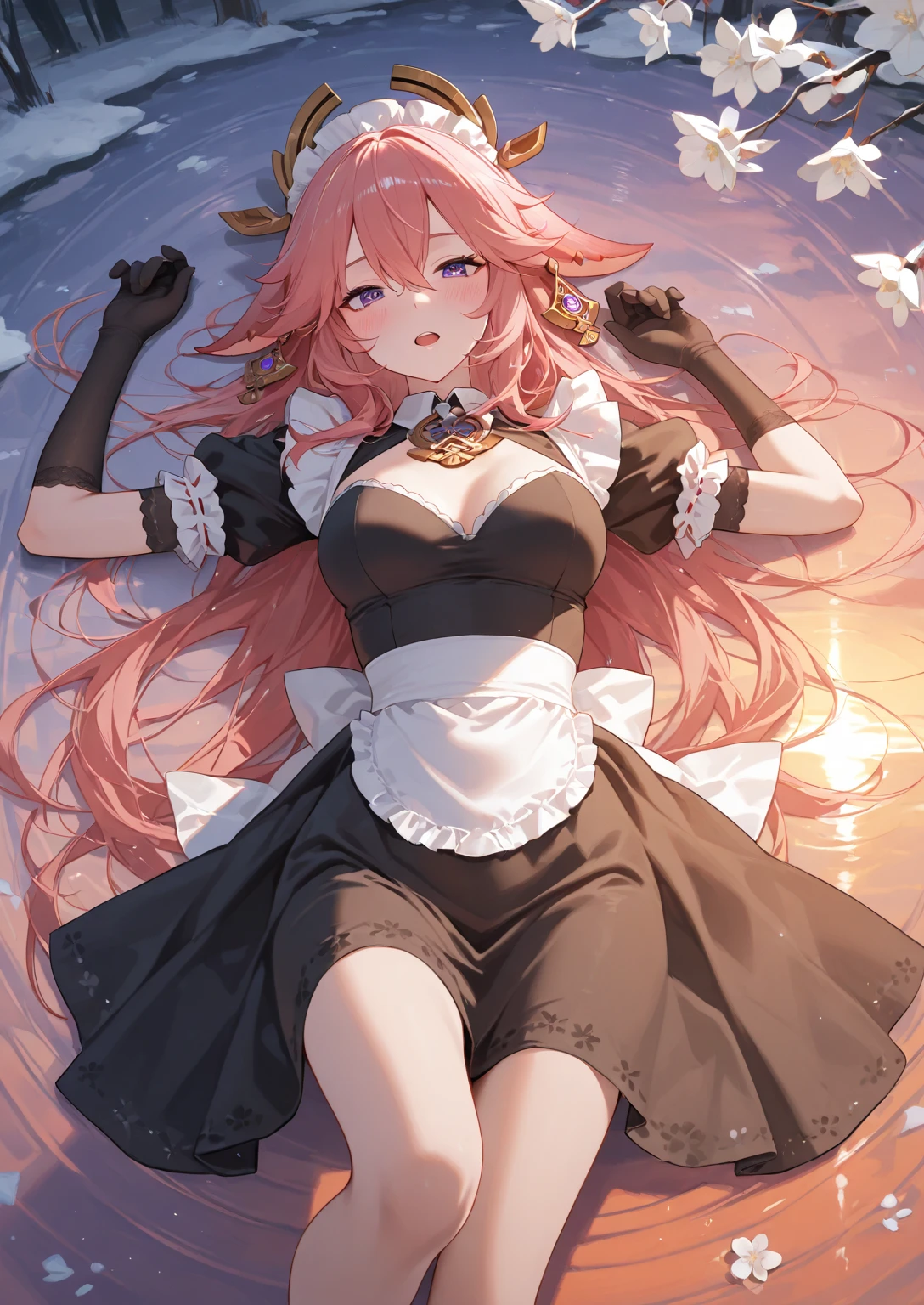 1 girl, game CG, white clothes showing cleavage and shoulders, short white skirt, small white beret, jeweled pendant, gigantic breasts, pink hair, long hair, straight hair, princess hairstyle, ahoge, pink eyes, whole body, dakimakura,