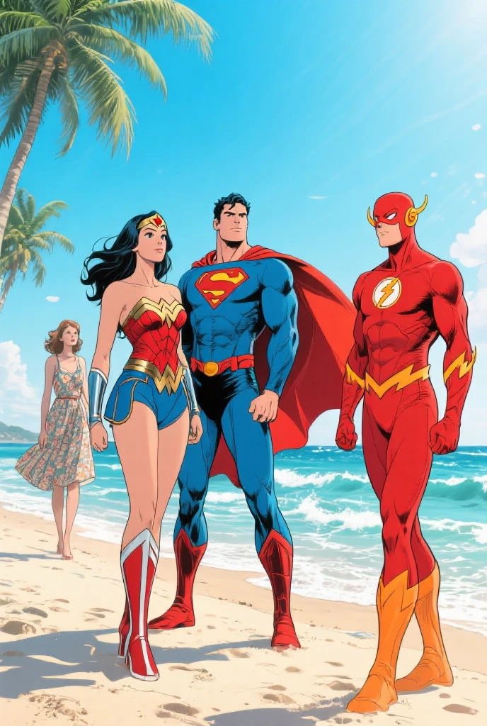 Superheroes are playing volleyball on the beach, DC's Justice League vs Marvel's Avengers, 5 players per team, relaxing super costumes