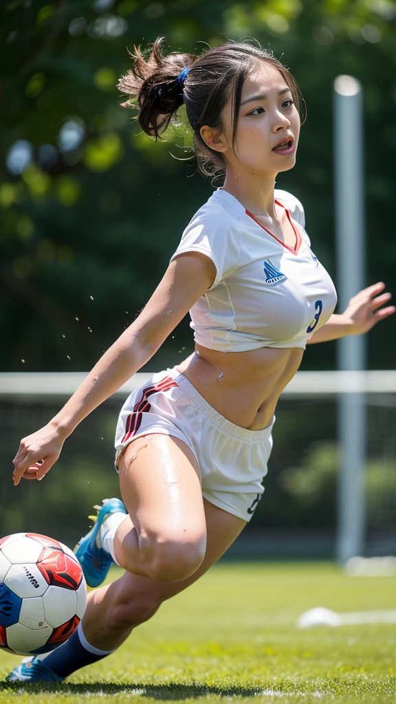 Highest quality, High resolution:1.2, Very detailed, Realistic:1.3, ((Beautiful woman))、((Super tight uniform))、((Big Breasts))、(((Soccer uniforms)))、Vibrant colors, play soccer,(Blunt bangs)、((short hair))、Different hair colors、With bangs、Wet Hair, concentrate, splash, Action Shots, Grass blotches, Muddy ground, Wet turf, decide, Fast-paced games, Athletic physique, Shiny soccer ball, Wet Uniform, raindrop, Blurred motion, ボールにconcentrateする, Intense competition, Skillful dribbling, Energetic play, Teamwork, powerful shoots, Wet pitch, Passionate sports, Humid atmosphere, Fluid movement, emotional expression、Dramatic lighting, Women's Sports, Avid athletes, Exciting Games, Endure, Excited state, Speed and agility, Energetic play, 濡れたsplash、smile、((Red Uniform))