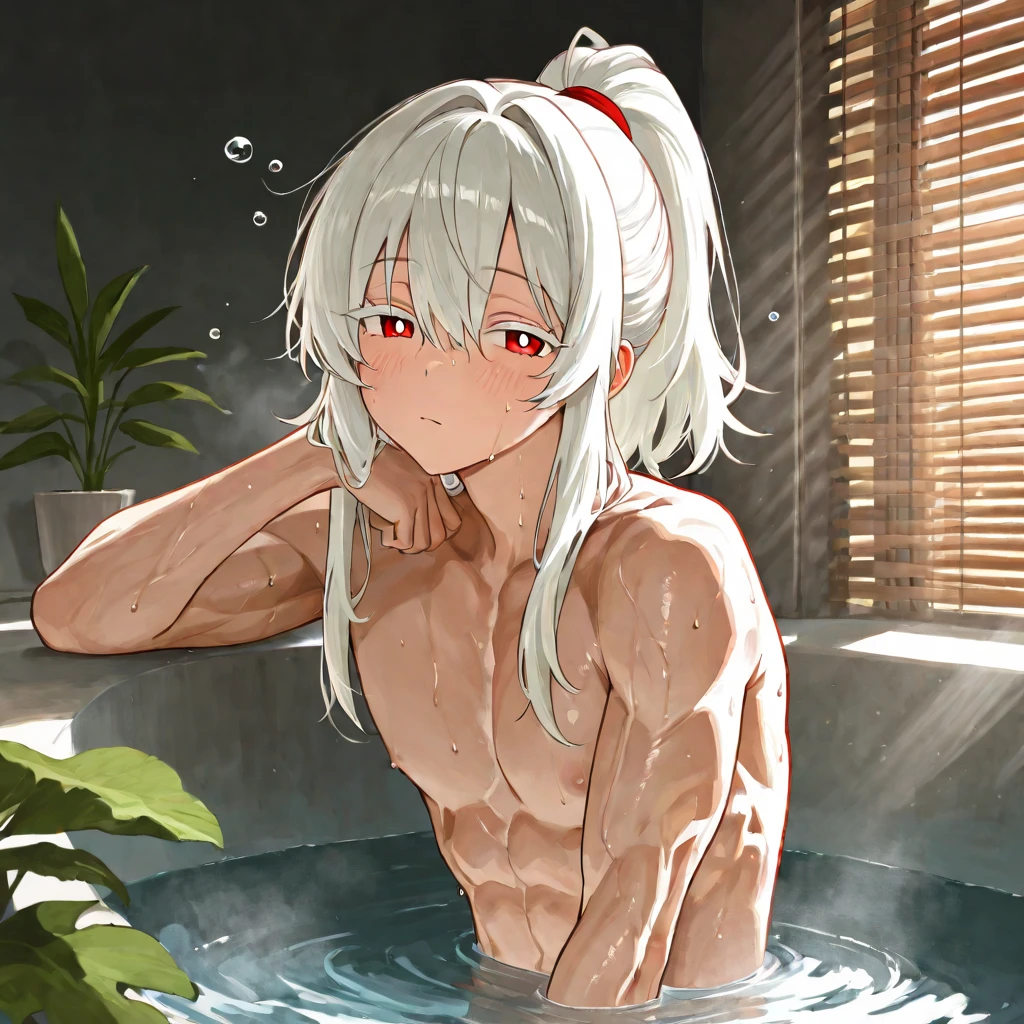 create panel in the art style of mo dao zu shi hybrid character with wolf ears,masculine and dominant gender, short wolfcut white hair , purple raven iris eyes,pale skin, inside a large public bathtub with naked water, bored expression and slim defined body.