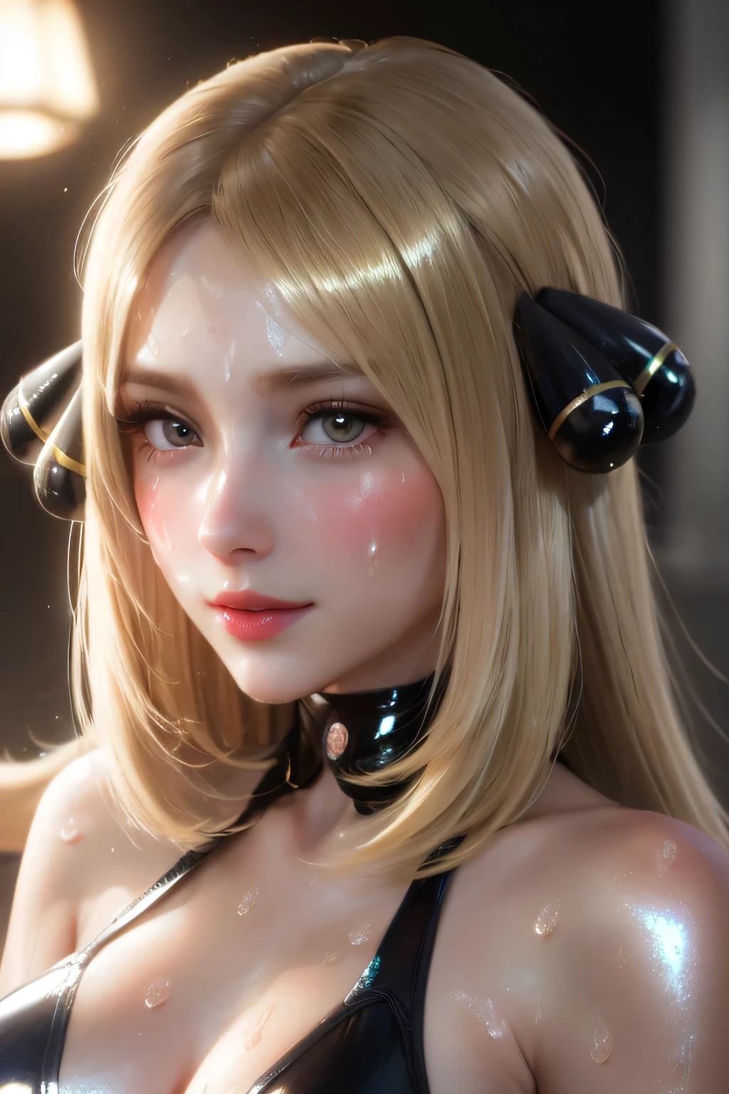 Perfect Anatomy Highest Quality,highest resolution,(((black competitive swimsuit with metallic luster shiny blonde long hair hair ornament Shiny Skin sweat))) Pokemon Cynthia woman 0 clarge breasts