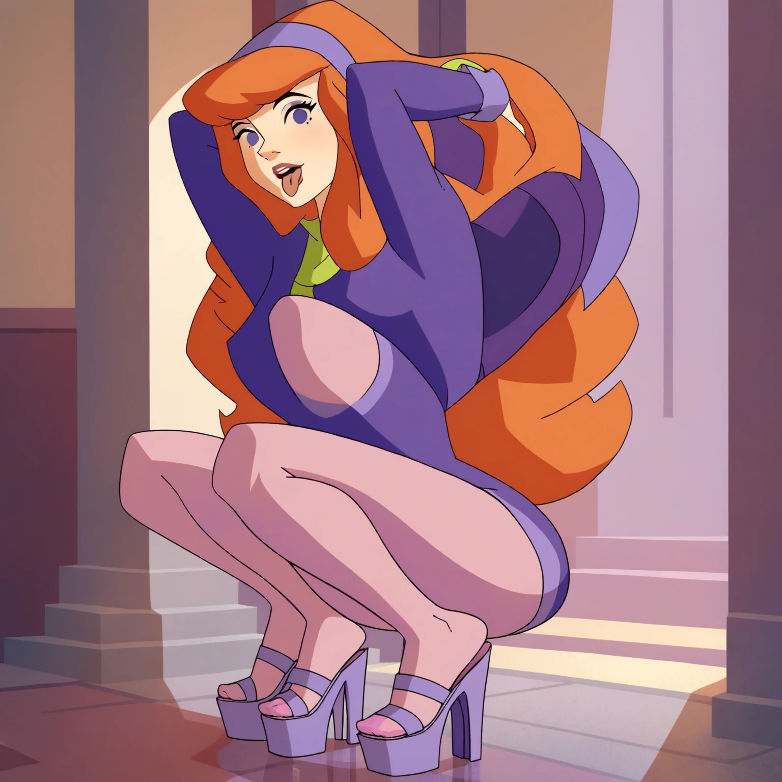 score_9, score_8_up, score_7_up, source_anime,
giganta, giganta, blue eyes, red hair, dark skin, 1girl, solo dark-skinned female, makeup, lipstick, ponytail,
dress, jewelry, earrings, bracelet, pink dress, thin eyebrows raised, panting, sexual tension, looking down
indoors, squatting, female masturbation, hand inside vagina, bodily fluids, lifting dress, upskirt shot, hips, thigh highs, full view, side view, front view,