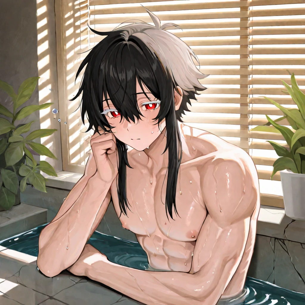 Beautiful young man,brown hair, half up and half down hair, red eyes, Wet hair, Wipe your hair with a towel, Top Naked, pecs, abs, After taking a bath, steam, sink,High quality, amount of drawing, pixiv illustration,cheeks are red,(A shy smile),((arm up while spread legs Concept:1.2)),LOVE,Good finger,Perfect finger,(Camera angle、Fanning from below:1.3).