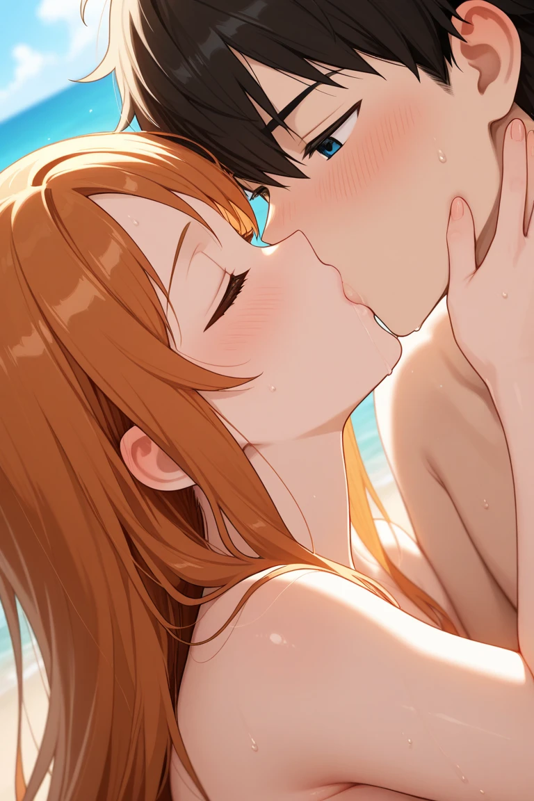 score_9, score_8_up, score_7_up, score_6_up, BREAK, asbsurdres, highres, best quality, masterpiece,  <lora:Misty:1> misty, long hair, orange hair, slender, swimsuit, kissing a man, flat chest, one breast out, nipple, backyard pool, penis in hand,