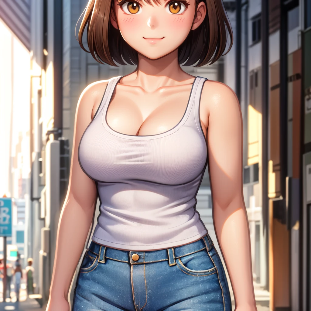 girl, adolescent, orange bandeau with choker, Brown eyes, brown ponytail, high, light skin color, blue jeans, big breasts, a blue star tattoo on his back, on the street, 8K image quality. He is walking through Barichara Colombia and.I like hiking 