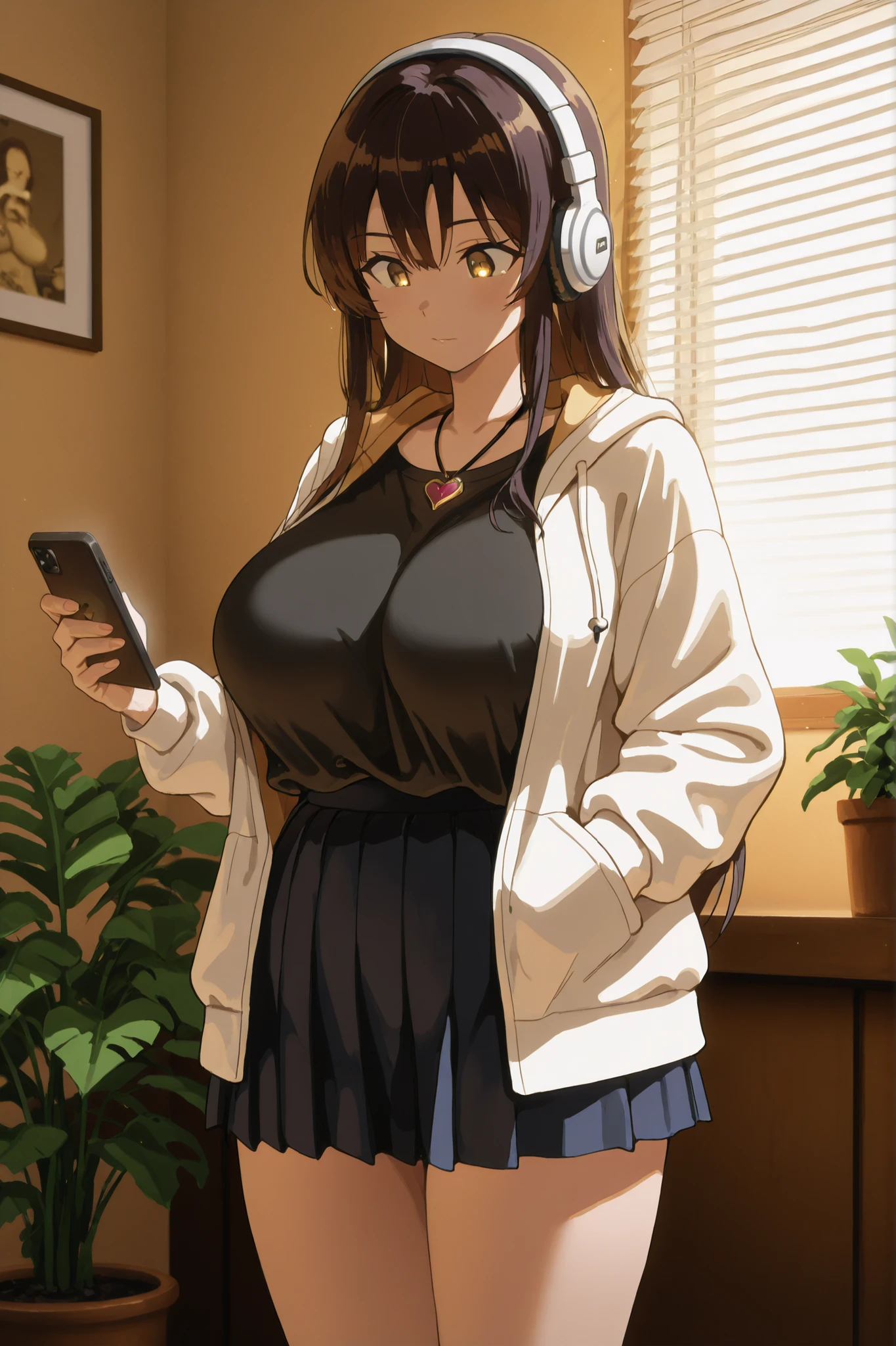 Girl listening to music in a cozy room at night, Usando fones de ouvido, Anime estilo 2D, Lo-fi, hd, Ambiente escuro, big big breasts