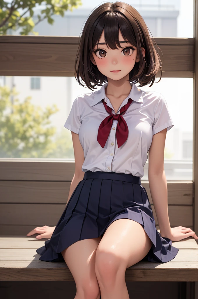 masterpiece, highest quality, best quality, 1girl, solo, looking at viewer, , tezuka rin, (armless amputee:1.2), brown hair, collar, collared shirt, (double amputee:1.2), green eyes, katawa shoujo, red necktie, shirt, short hair, solo, white shirt,  lozhkin, grin, accurate teeth with gaps 